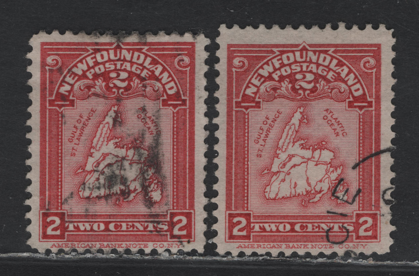 Lot 234 Newfoundland #86 2c Rose Carmine, 1908 Map of Newfoundland Issue, 2 Very Fine Used Singles, Grayish Horizontal Wove Paper, Unchecked As To Exact Type Or Perf, Both A Slightly Different Shade.