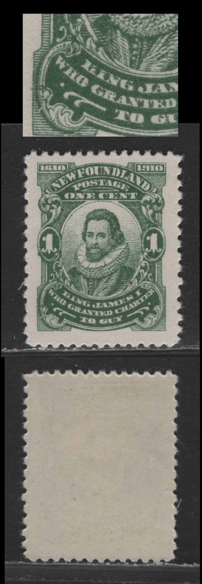 Lot 235 Newfoundland #87var 1c Deep Green, 1910 John Guy Issue, A VFOG Single, Perf 12x11, WM-A Paper Showing Pitting Of 'King', 'Who' & 'Gr', Unlisted In Unitrade.