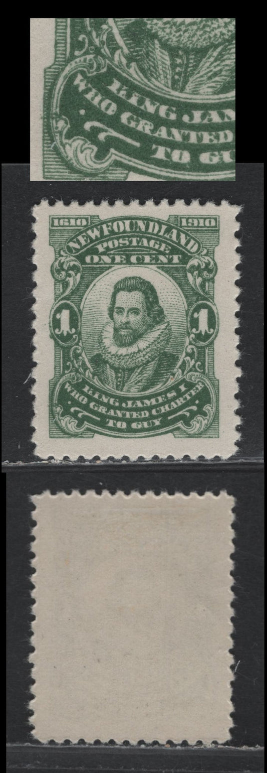 Lot 235 Newfoundland #87var 1c Deep Green, 1910 John Guy Issue, A VFOG Single, Perf 12x11, WM-A Paper Showing Pitting Of 'King', 'Who' & 'Gr', Unlisted In Unitrade.