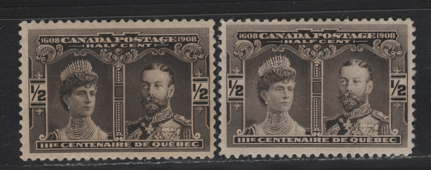 Lot 24 Canada #96 1/2c Black Brown, 1908 Quebec Tercentenary Issue, 2 VFOG Singles, ABN-A Paper, Perfs 11.9 & 11.9x12