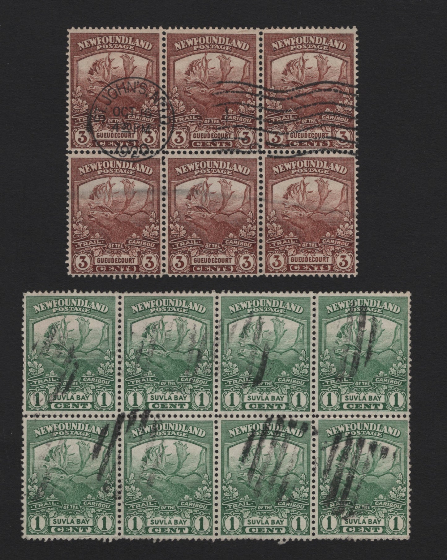 Lot 243 Newfoundland #115, 117 1c - 3c Green - Red Brown, 1919 Trail of the Caribou Issue, 2 Fine Used Blocks Of 6 & 8, WM-F Paper, Comb & Line Perf 14, Unusual, As Most Of These Were Used As Singles.