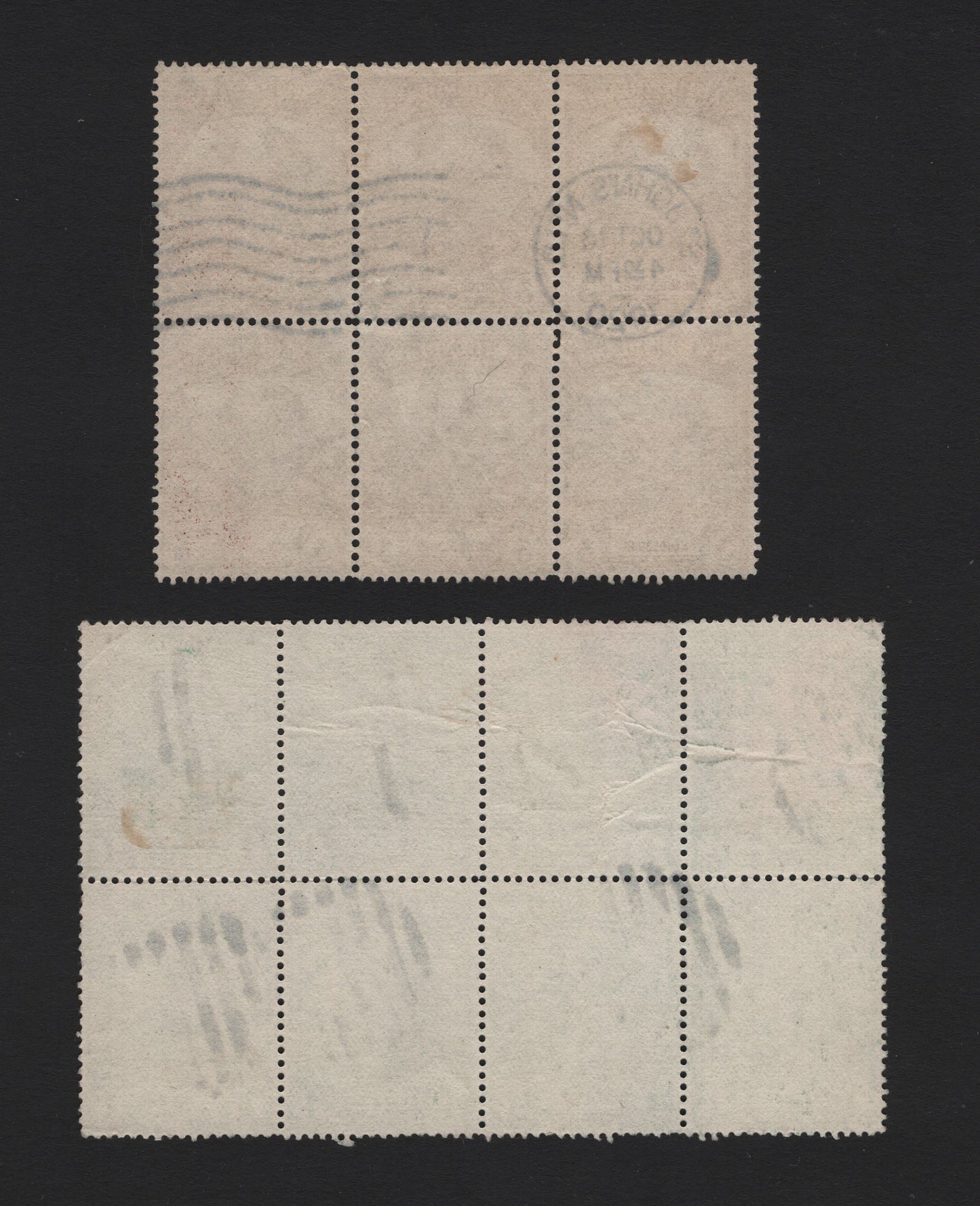 Lot 243 Newfoundland #115, 117 1c - 3c Green - Red Brown, 1919 Trail of the Caribou Issue, 2 Fine Used Blocks Of 6 & 8, WM-F Paper, Comb & Line Perf 14, Unusual, As Most Of These Were Used As Singles.