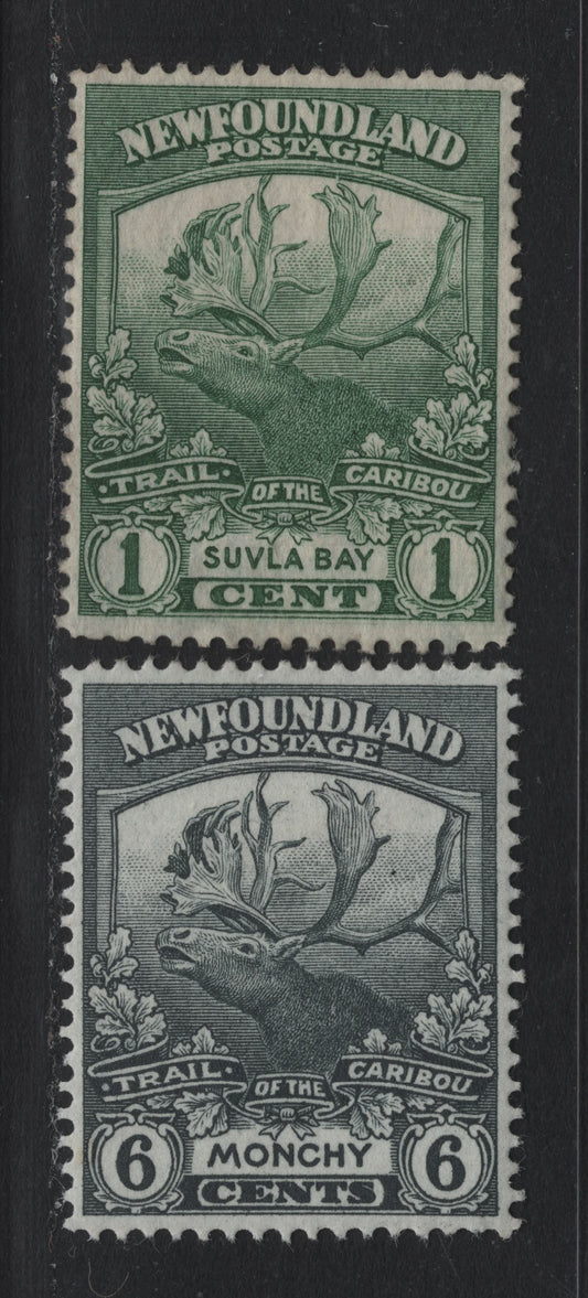 Lot 244 Newfoundland #115, 120 1c - 6c Green - Gray, 1919 Trail of the Caribou Issue, 2 VFOG Singles, WM-L Papers, Line Perf 14x14.1 & 14.1x14