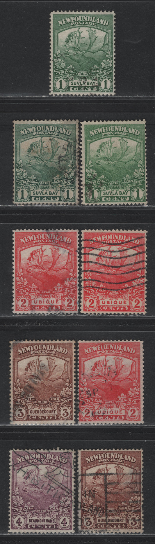 Lot 246 Newfoundland (C) #115-116, 116b, 117, 117b, 118 1c - 4c Yellow Green - Violet, 1919 Trail of the Caribou Issue, 9 Fine/Very Fine Used Singles