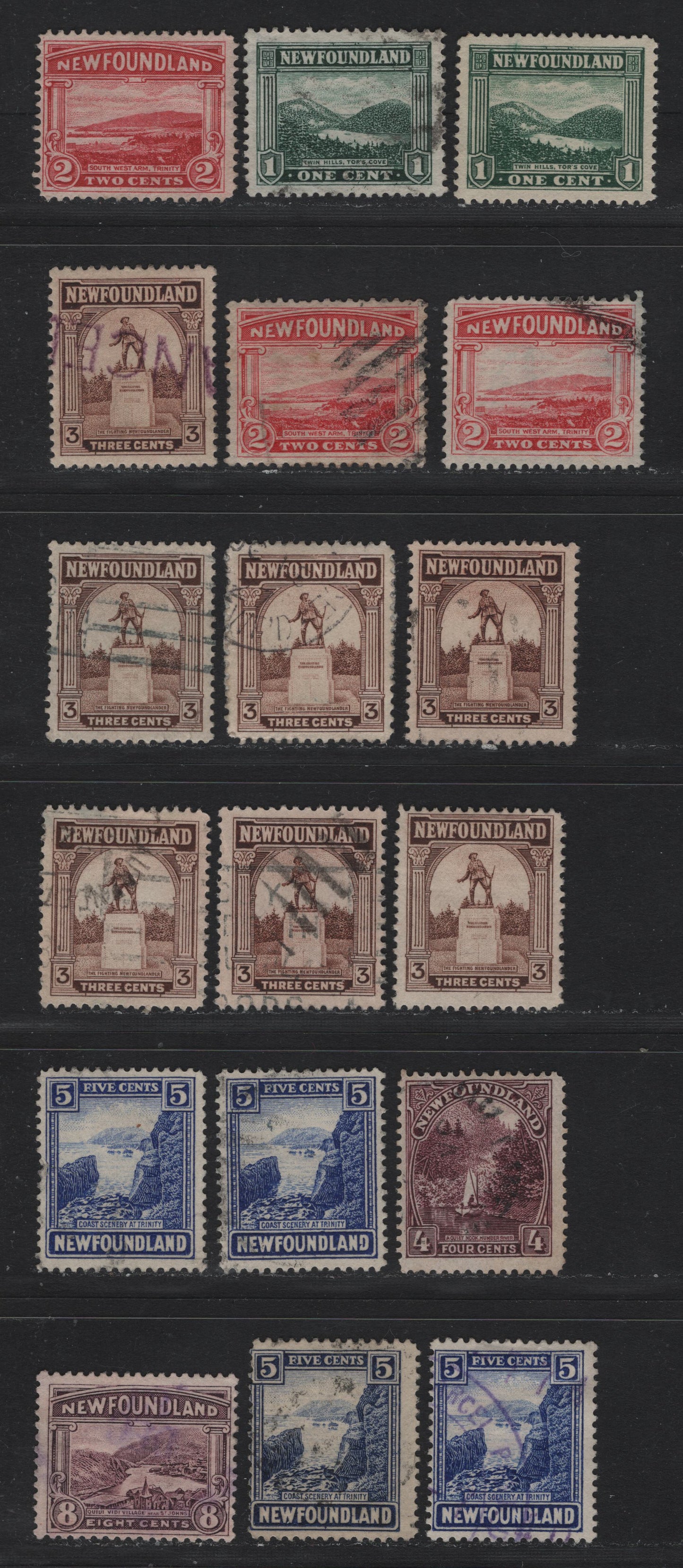 Lot 248 Newfoundland (C) #131-135, 137 1c - 8c Bottle Green - Brown Violet, 1923-1928 Pictorial Issue, 18 Fine Used Singles, Various Shades & Papers, Unchecked As To Specific Paper Types & Perfs