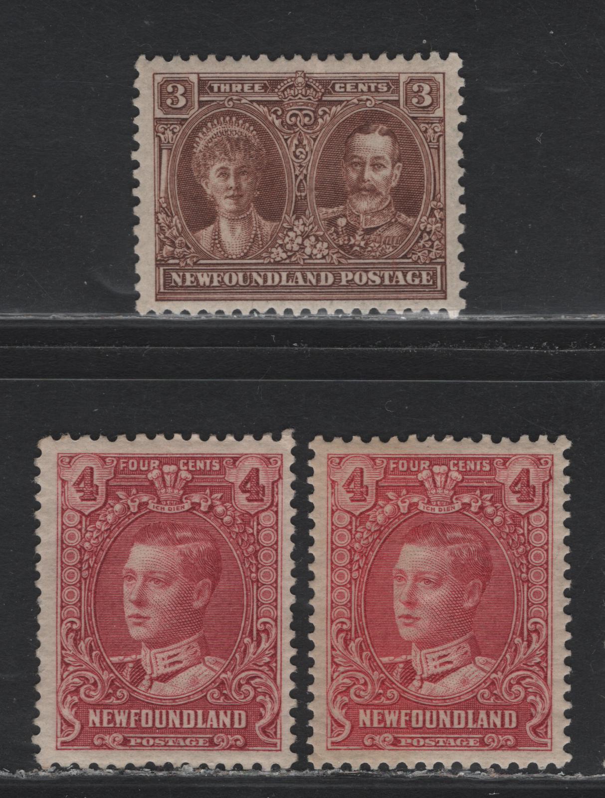 Lot 252 Newfoundland (C) #147-148a 3c - 4c Brown - Rose Purple, 1928 1st Publicity Issue, 3 VFOG Singles, WM-I & WM-M Papers, Perfs 13.6x12.75 & 13.7x12.75 (Comb)