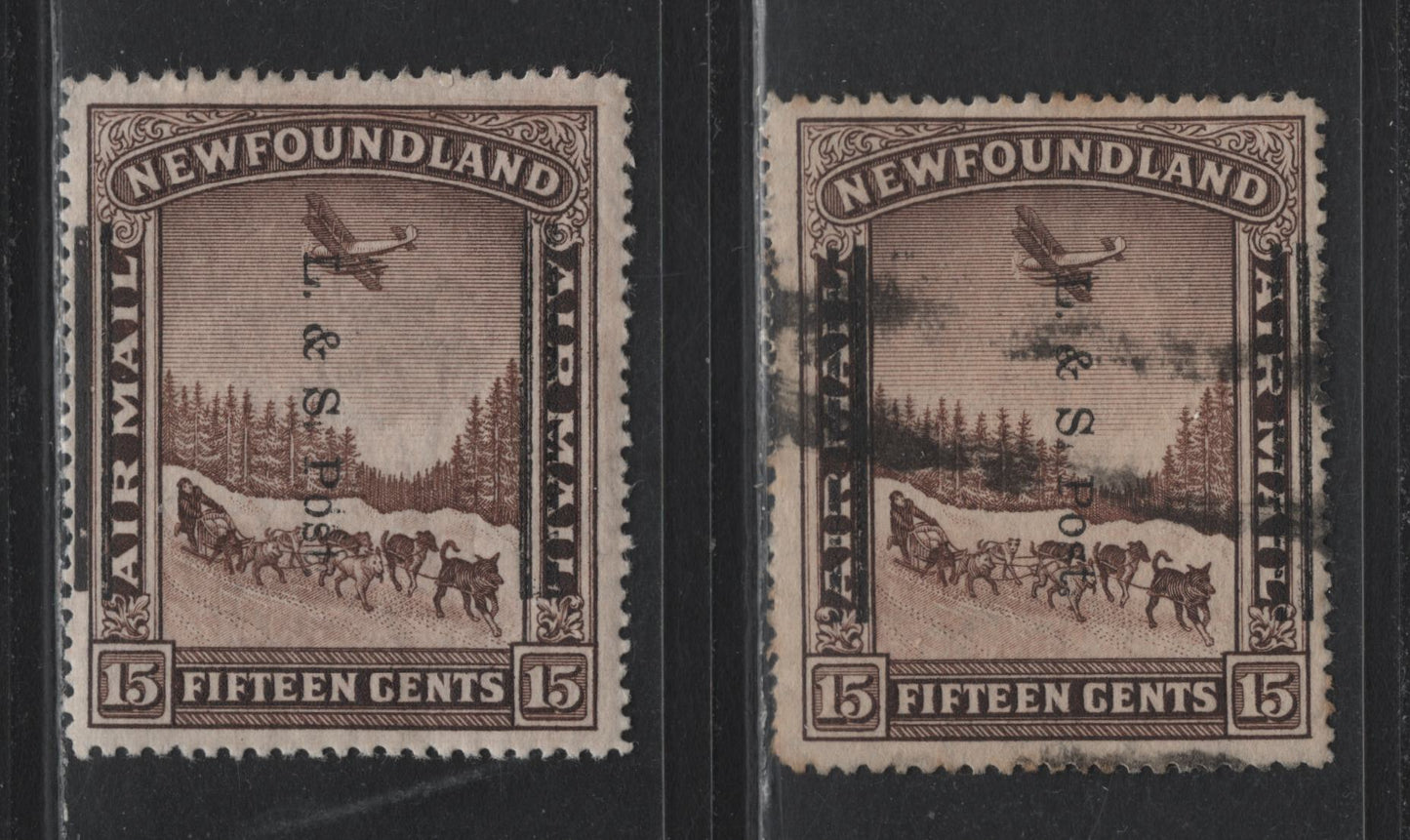 Lot 259 Newfoundland (C) #211 15c Brown, 1933 Land & Sea Overprinted Issue, 2 Fine/Very Fine Used Singles