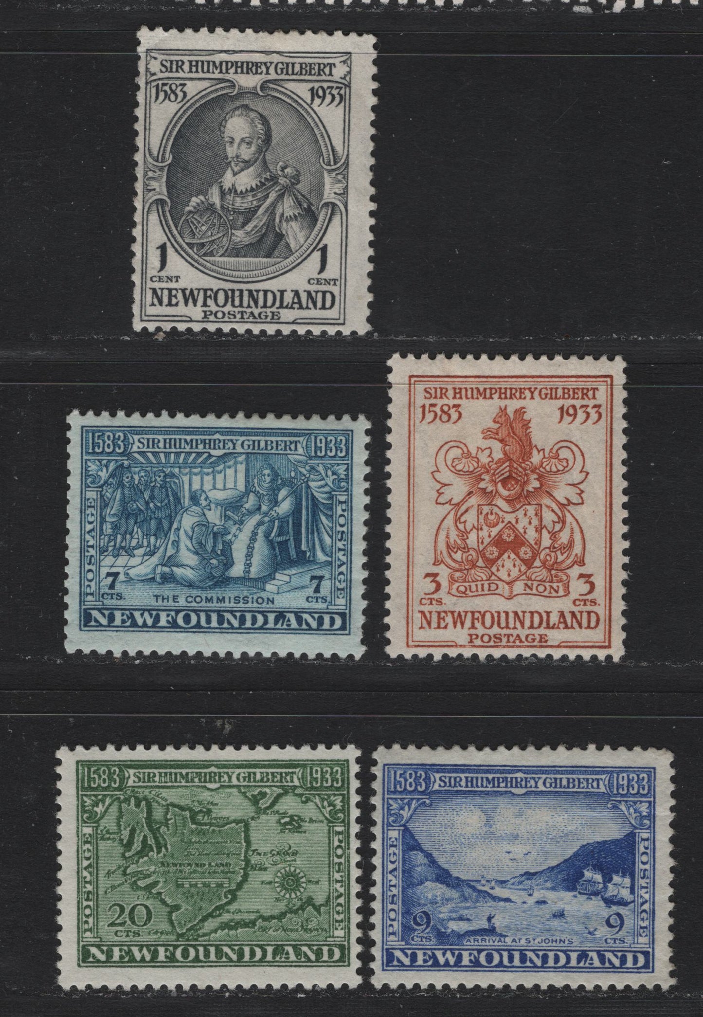 Lot 260 Newfoundland (C) #212, 214, 217, 219, 223 1c - 20c Gray Black - Bronze Green, 1933 Sir Humphrey Gilbert Issue, 5 FOG Singles