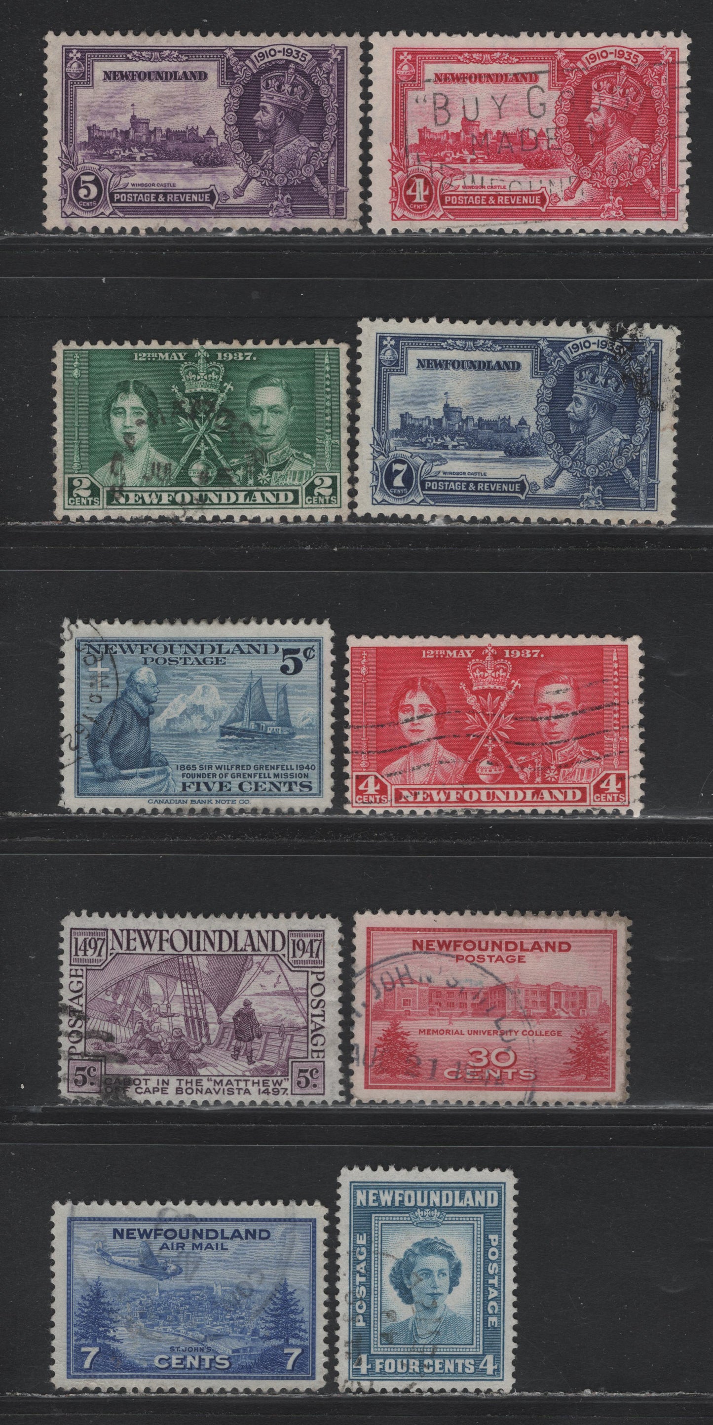 Lot 263 Newfoundland (C) #226-228, 230-231, 252, 267, 269-270, C19 4c - 7c Bright Rose - Deep Ultramarine, 1935-1949 Silver Jubilee - Cabot Issues, 10 Very Good/Fine/Very Fine Used Singles, #231 Has One Pulled Perf