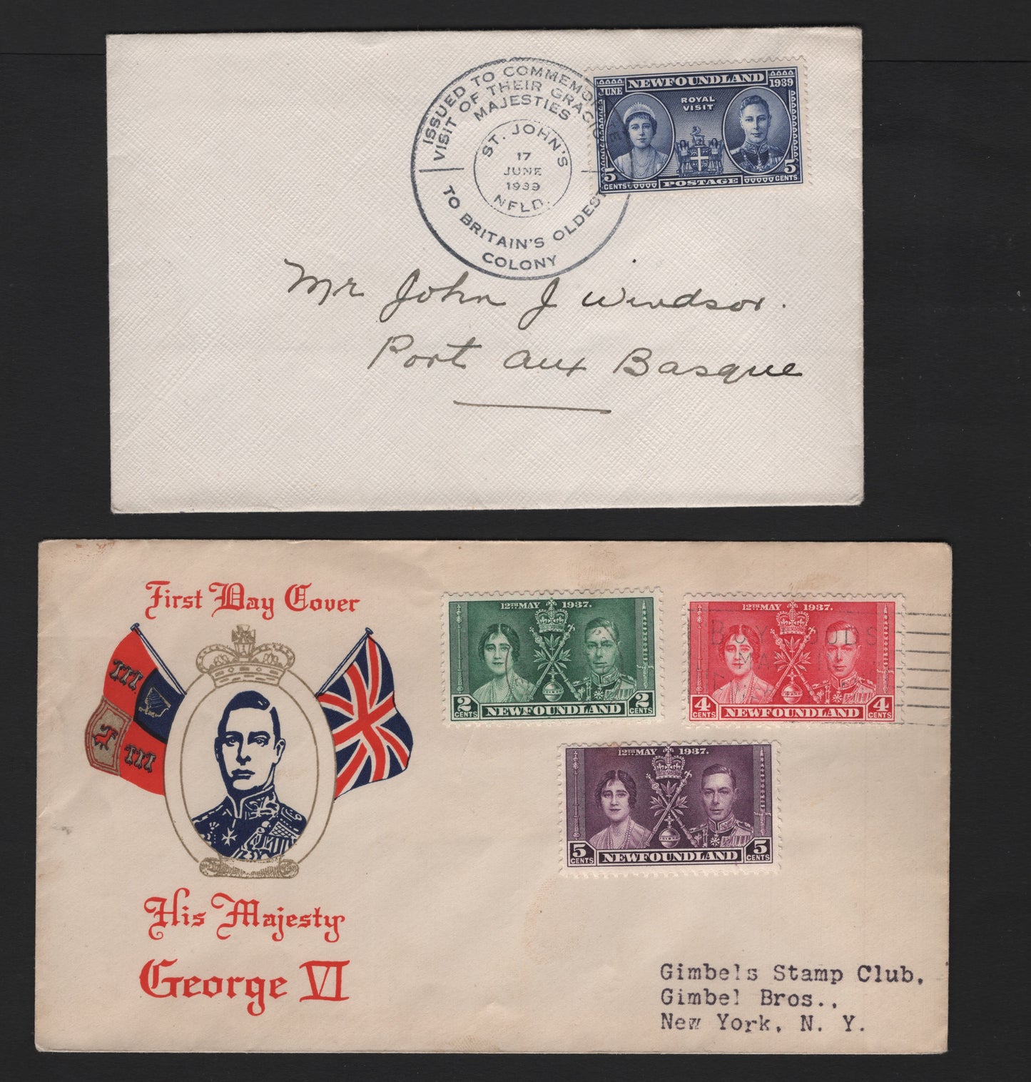 Lot 264 Newfoundland #230-232, 249, 1937-1939 Coronation & Royal Visit Issues, 2 Very Fine Used Covers, Cacheted & Non-Cacheted FDC, Cachet Cover Is From Plimpton Manufacturing CO