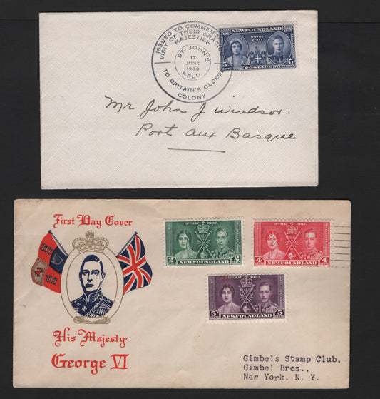 Lot 264 Newfoundland #230-232, 249, 1937-1939 Coronation & Royal Visit Issues, 2 Very Fine Used Covers, Cacheted & Non-Cacheted FDC, Cachet Cover Is From Plimpton Manufacturing CO