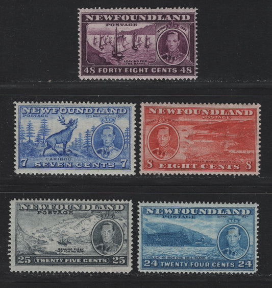 Lot 267 Newfoundland (C) #235, 236d, 241-243 7c - 48c Bright Ultramarine - Slate Purple, 1937 Long Coronation Issue, 5 F/VFOG Singles, The 48c Is Perf 14.25 7 The 8c is Perf 13.4