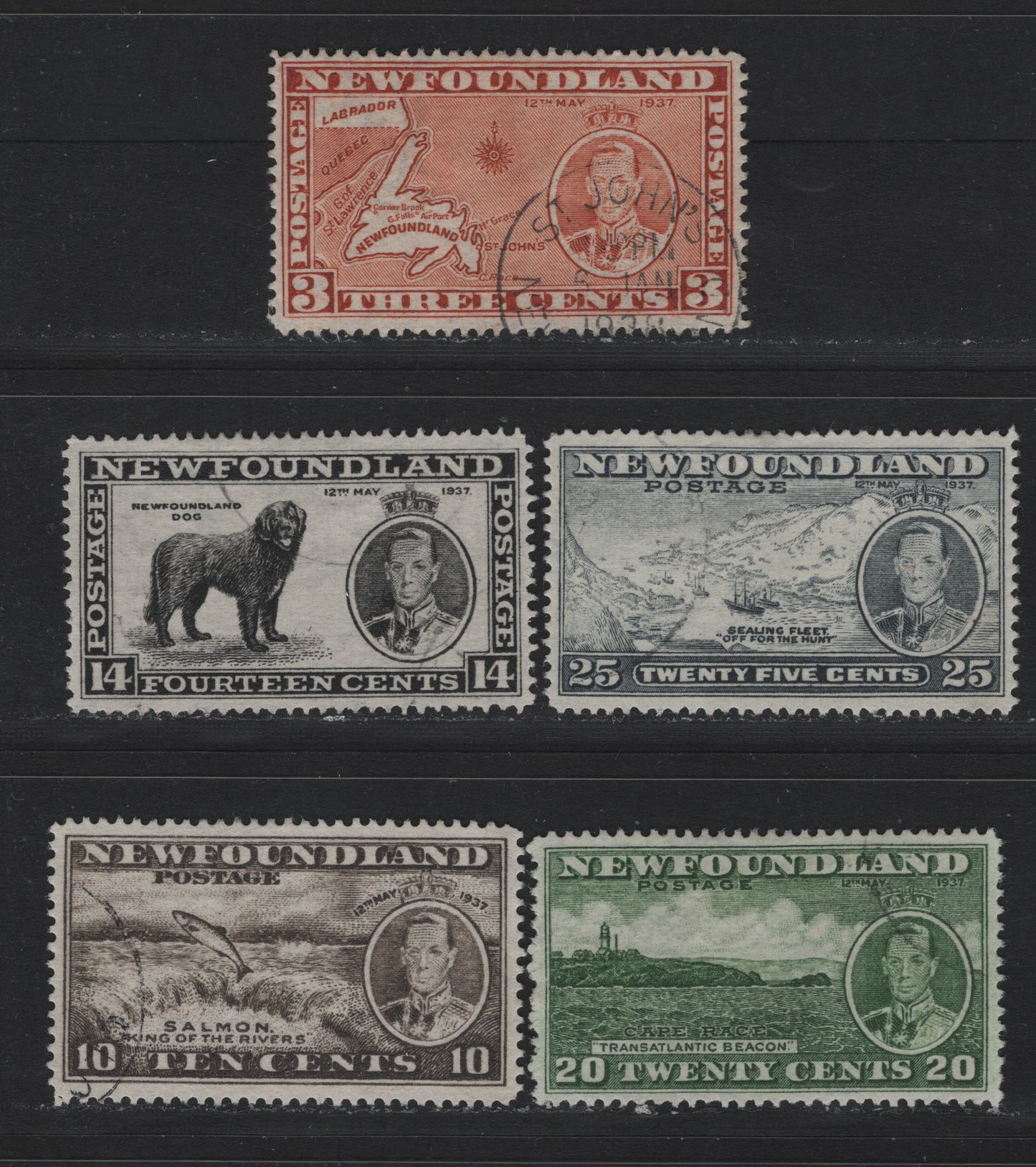 Lot 269 Newfoundland #234a, 237-238, 240, 242 3c - 25c Orange Brown - Slate, 1937 Long Coronation Issue, 5 Very Fine Used Singles, The 3c Is Die 2 & Perf 14.25, The 10c & 20c Is Perf 13.8 and the 14c & 25c Are Perf 14.25