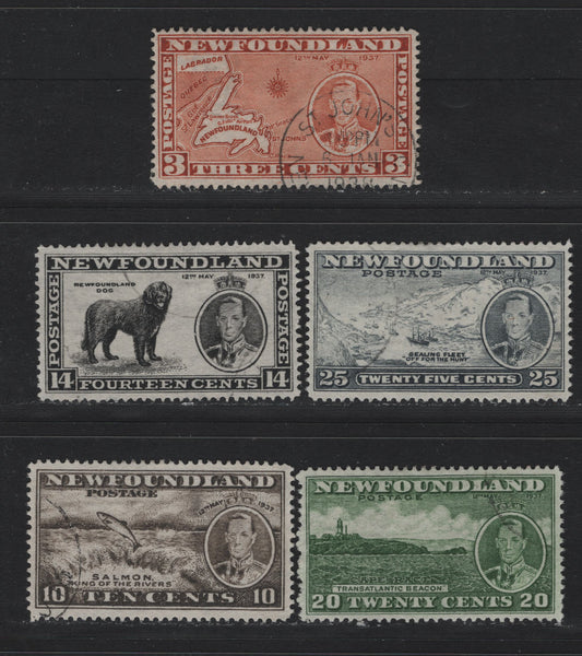 Lot 269 Newfoundland #234a, 237-238, 240, 242 3c - 25c Orange Brown - Slate, 1937 Long Coronation Issue, 5 Very Fine Used Singles, The 3c Is Die 2 & Perf 14.25, The 10c & 20c Is Perf 13.8 and the 14c & 25c Are Perf 14.25