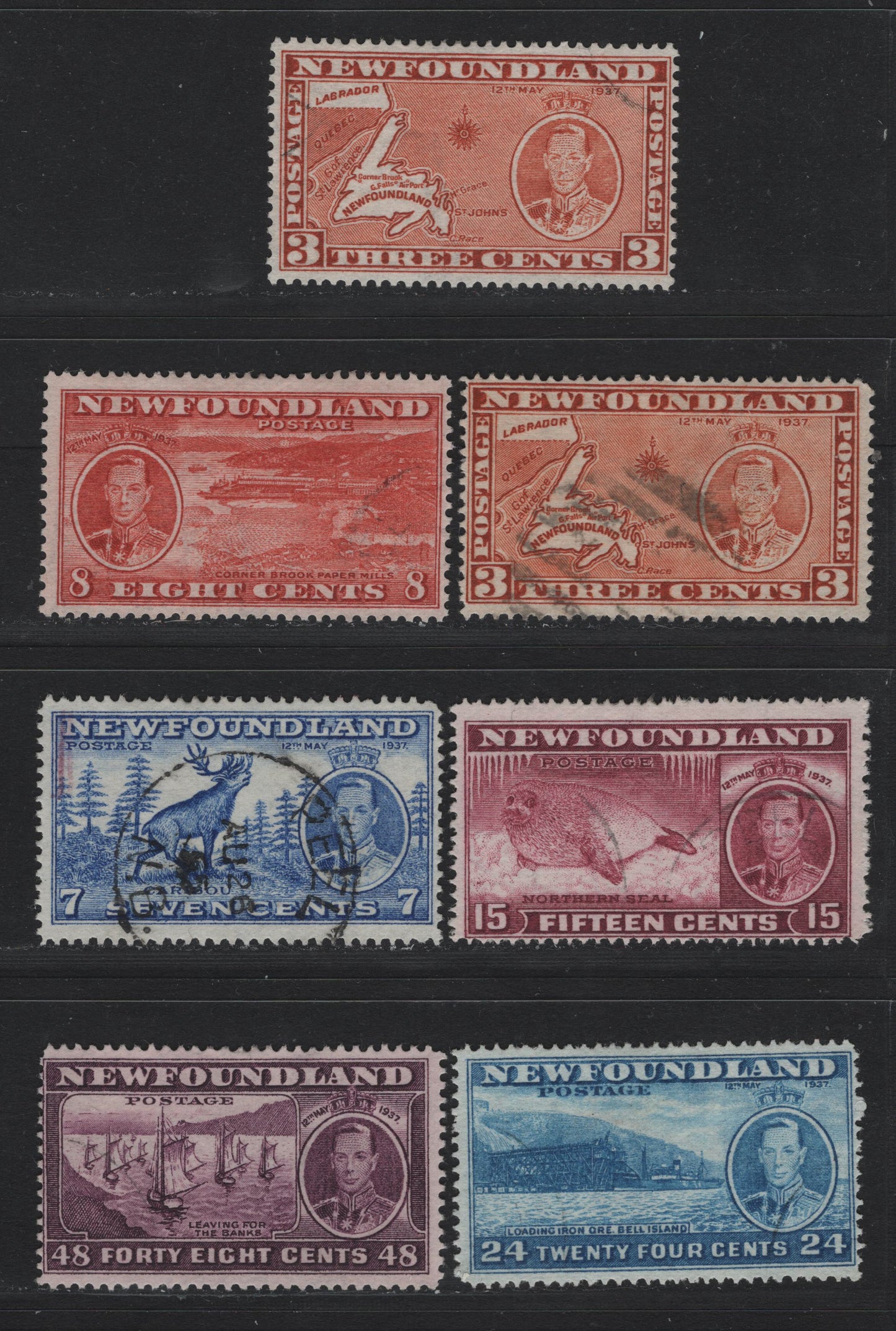 Lot 270 Newfoundland #234a, h, 235, 236d, 239, 243 3c - 48c Orange Brown - Plum, 1937 Long Coronation Issue, 6 Fine Used Singles, Both 3c Are Die 2, Comb Perf 13.4 & 13.8, The 8c Is Comb Perf 13.4, The 15c Is Perf 14.25, 24c & 48c Are Perf 13.8.