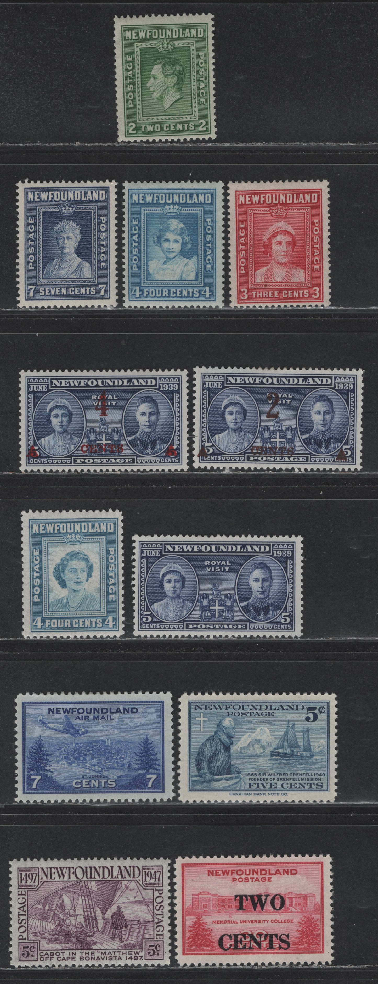Lot 271 Newfoundland (C) #245-252, 268-270, C19 2c - 7c Green - Deep Ultramarine, 1938-1949 Royal Family - Cabot issue, 12 F/VFOG Singles