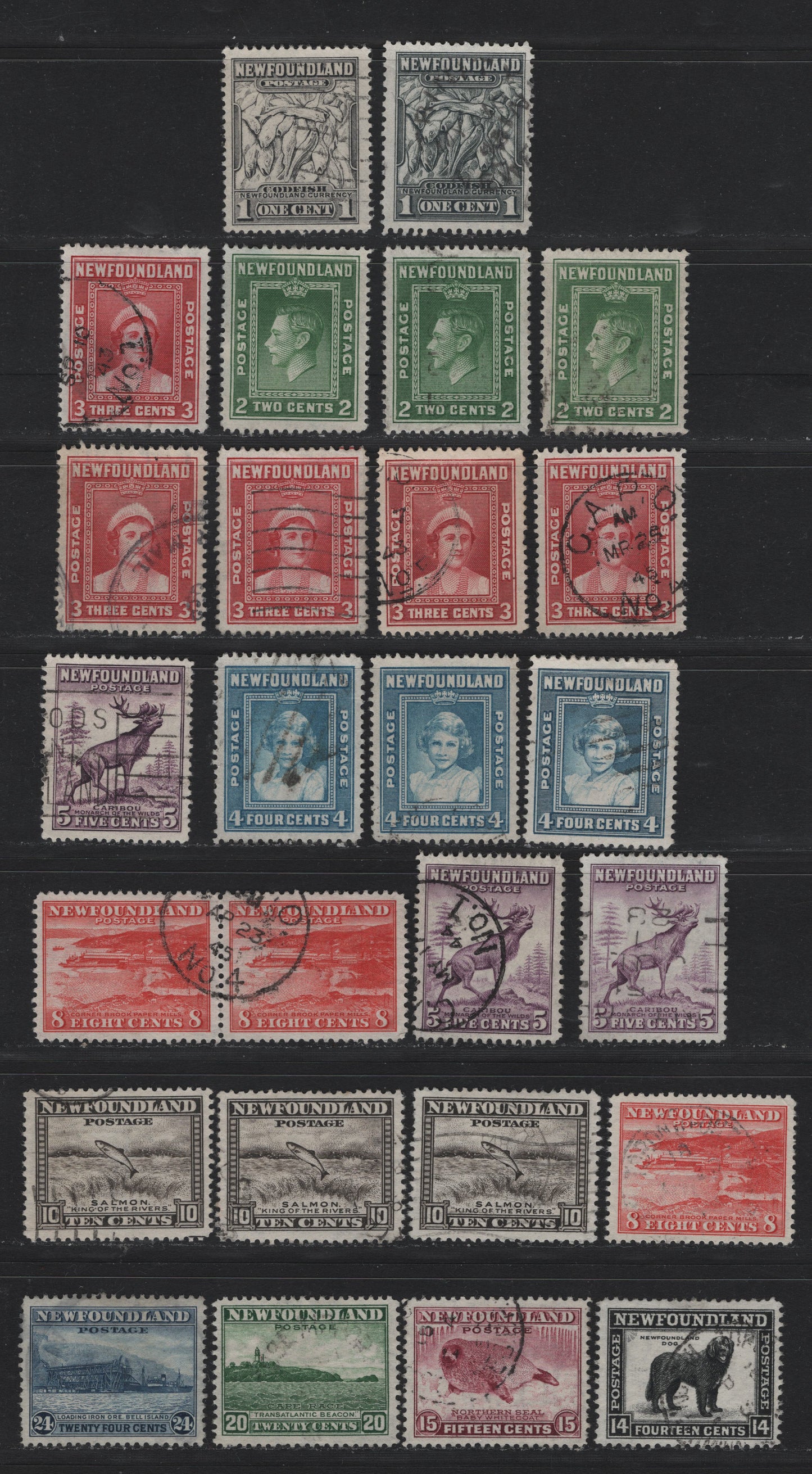 Lot 274 Newfoundland (C) #253-257, 257ix, 259-264 1c - 24c Dark Gray - Deep Blue, 1941-1944 Re-Engraved Waterlow Resources Issue, 25 Very Fine Used Singles, Selection of Singles Unchecked As To Exact Perf, Two of the 5c Are The Scarce Perf 13.5
