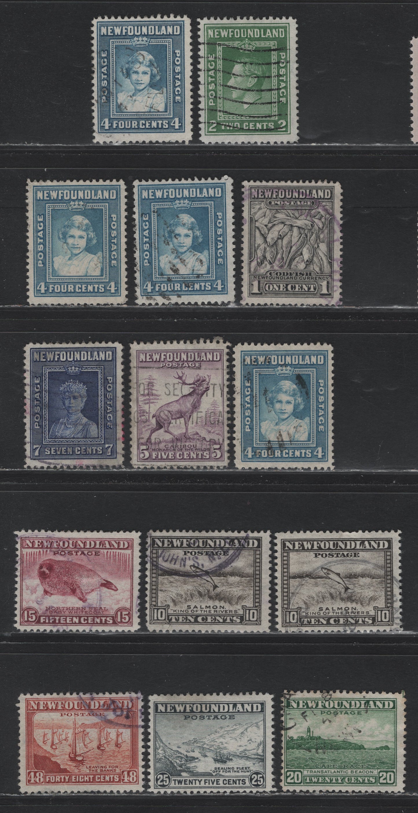 Lot 275 Newfoundland (C) #253-254, 256-258, 260, 262-263, 265-266 1c - 48c Dark Gray - Red Brown, 1941-1944 Re-Engraved Waterlow Resources Issue, 14 Fine Used Singles, Selection Of Fine Used Singles, Unchecked As to Specific Perf
