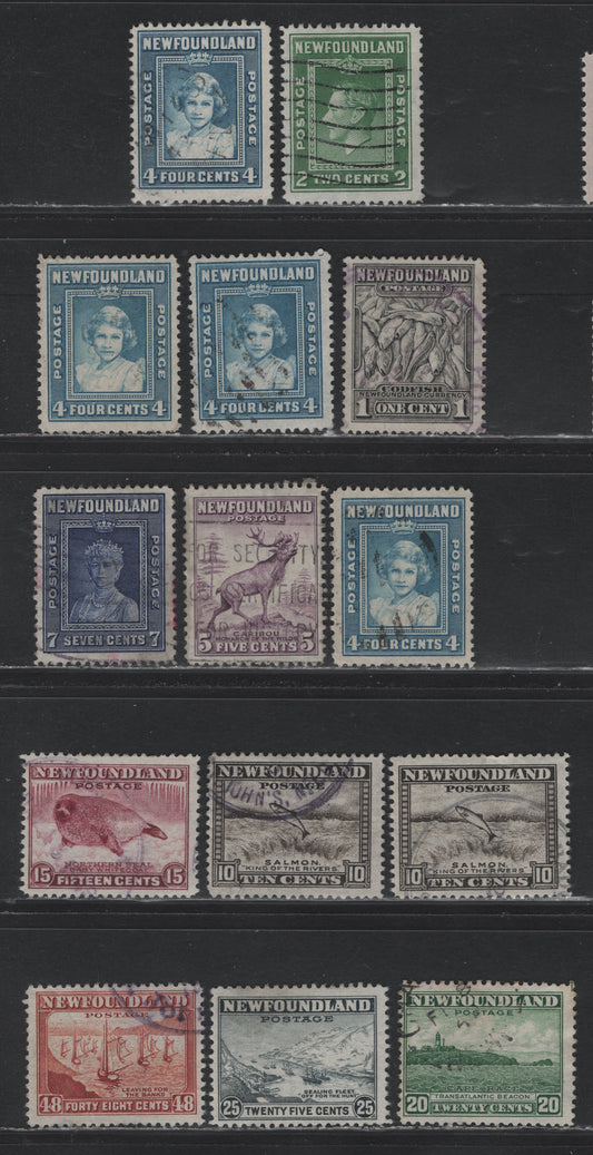 Lot 275 Newfoundland (C) #253-254, 256-258, 260, 262-263, 265-266 1c - 48c Dark Gray - Red Brown, 1941-1944 Re-Engraved Waterlow Resources Issue, 14 Fine Used Singles, Selection Of Fine Used Singles, Unchecked As to Specific Perf
