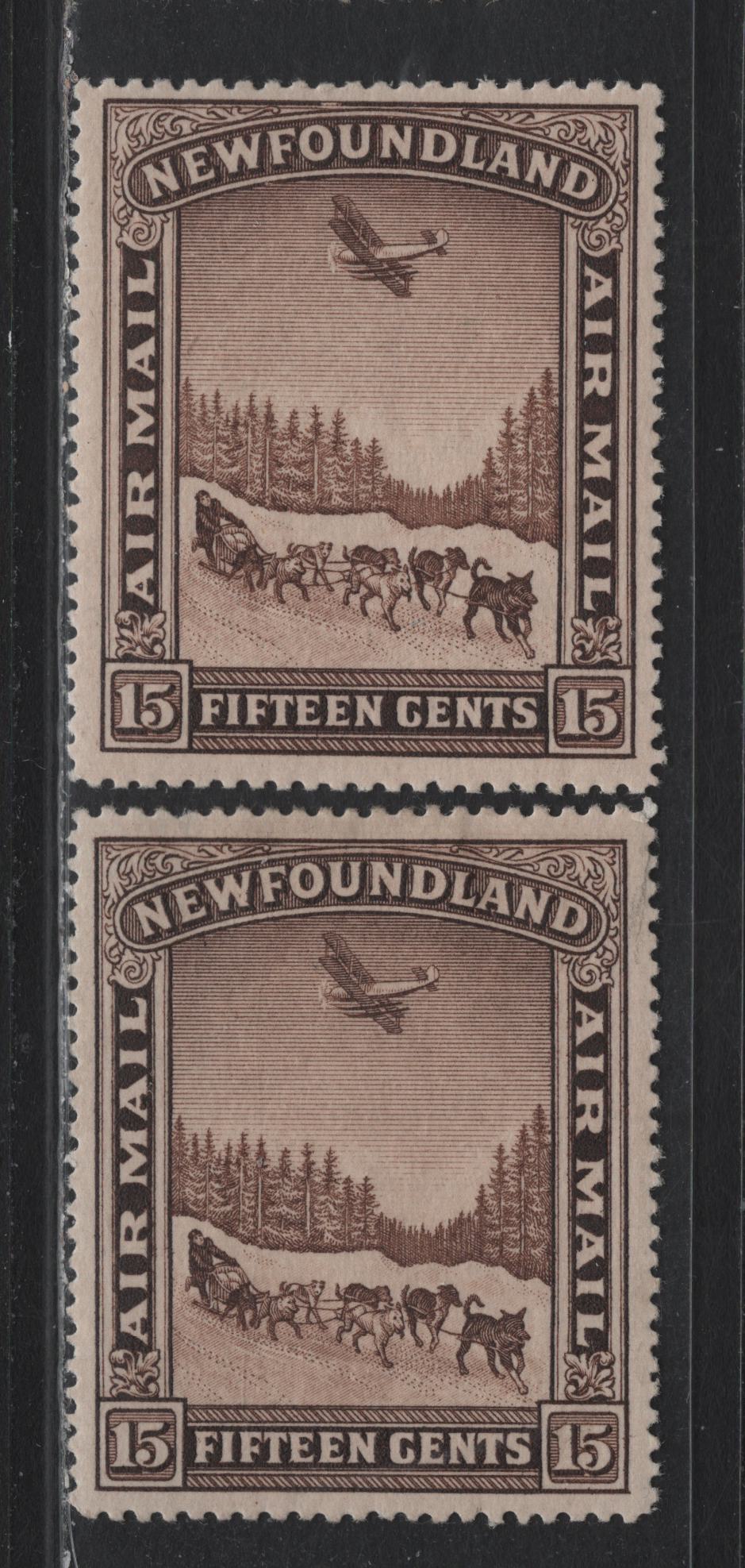 Lot 276 Newfoundland (C) #C6 15c Brown, 1931 Airmail, 2 F/VFOG Singles, Both Perf 13.8x14.2, Darker Shade Has A Very Small Thin At The Top