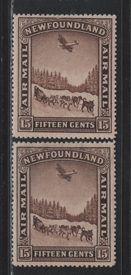Lot 276 Newfoundland (C) #C6 15c Brown, 1931 Airmail, 2 F/VFOG Singles, Both Perf 13.8x14.2, Darker Shade Has A Very Small Thin At The Top
