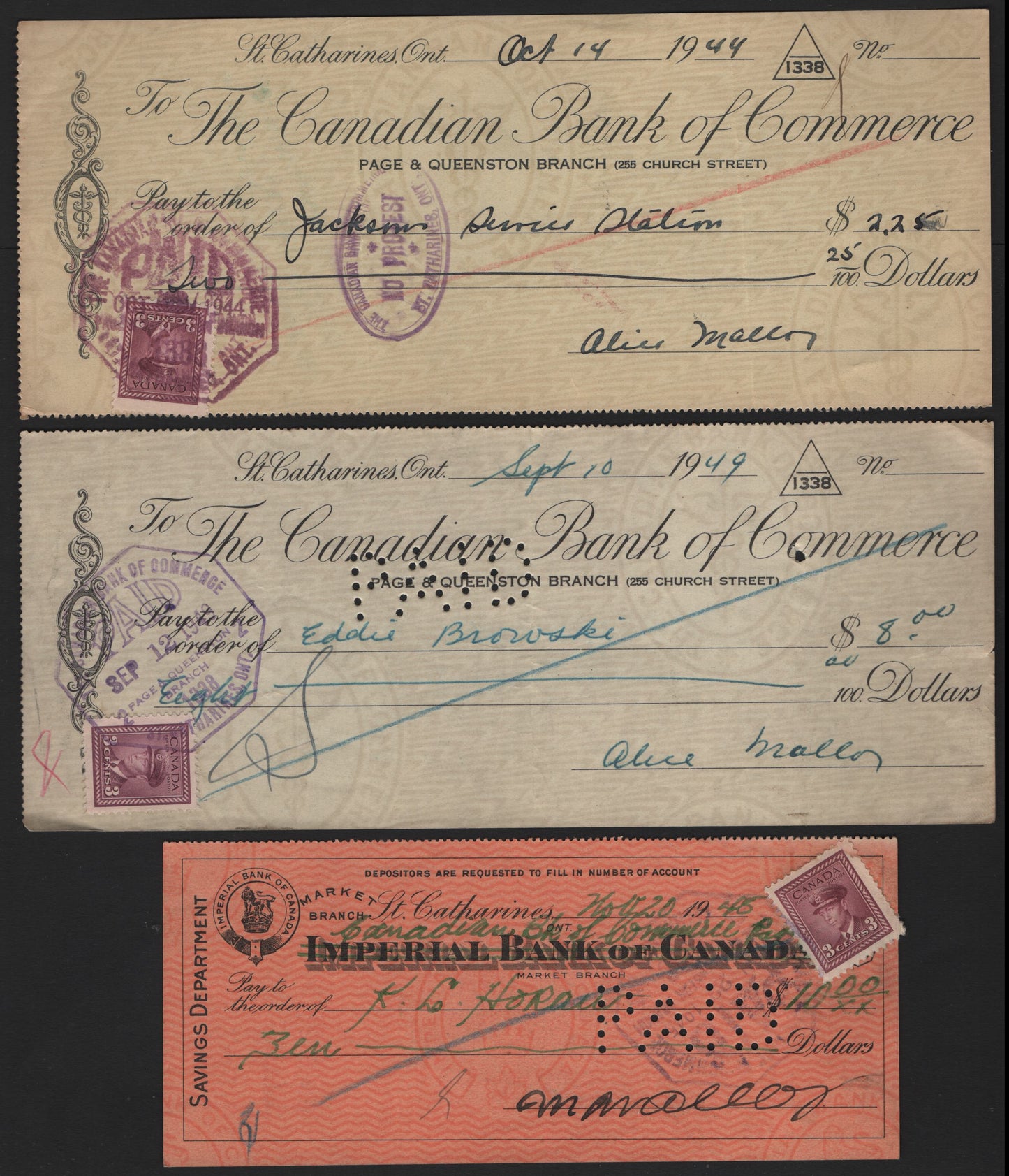 Lot 280 Canada #252 3c Rose Purple, 1944, 1945 & 1949 Cheques, 3 Very Fine Used Cheques, Used As Revenue Stamps