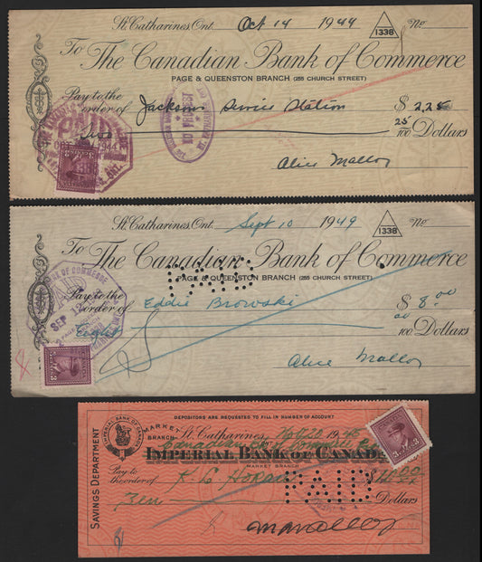 Lot 280 Canada #252 3c Rose Purple, 1944, 1945 & 1949 Cheques, 3 Very Fine Used Cheques, Used As Revenue Stamps