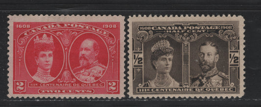 Lot 28 Canada #96, 98 1/2c - 2c Black Brown - Bright Carmine Rose, 1908 Quebec Tercentenary Issue, 2 VG/FOG Singles, Perfs 12x12 & 11.9x12, 2c Has A Tiny Corner Crease At LL