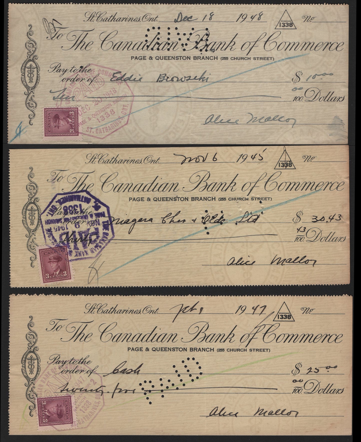 Lot 281 Canada #252 3c Rose Purple, 1945, 1947-1948 Cheques, 3 Very Fine Used Cheques, Used As Revenue Stamps On 3 Canadian Bank of Commerce Cheques