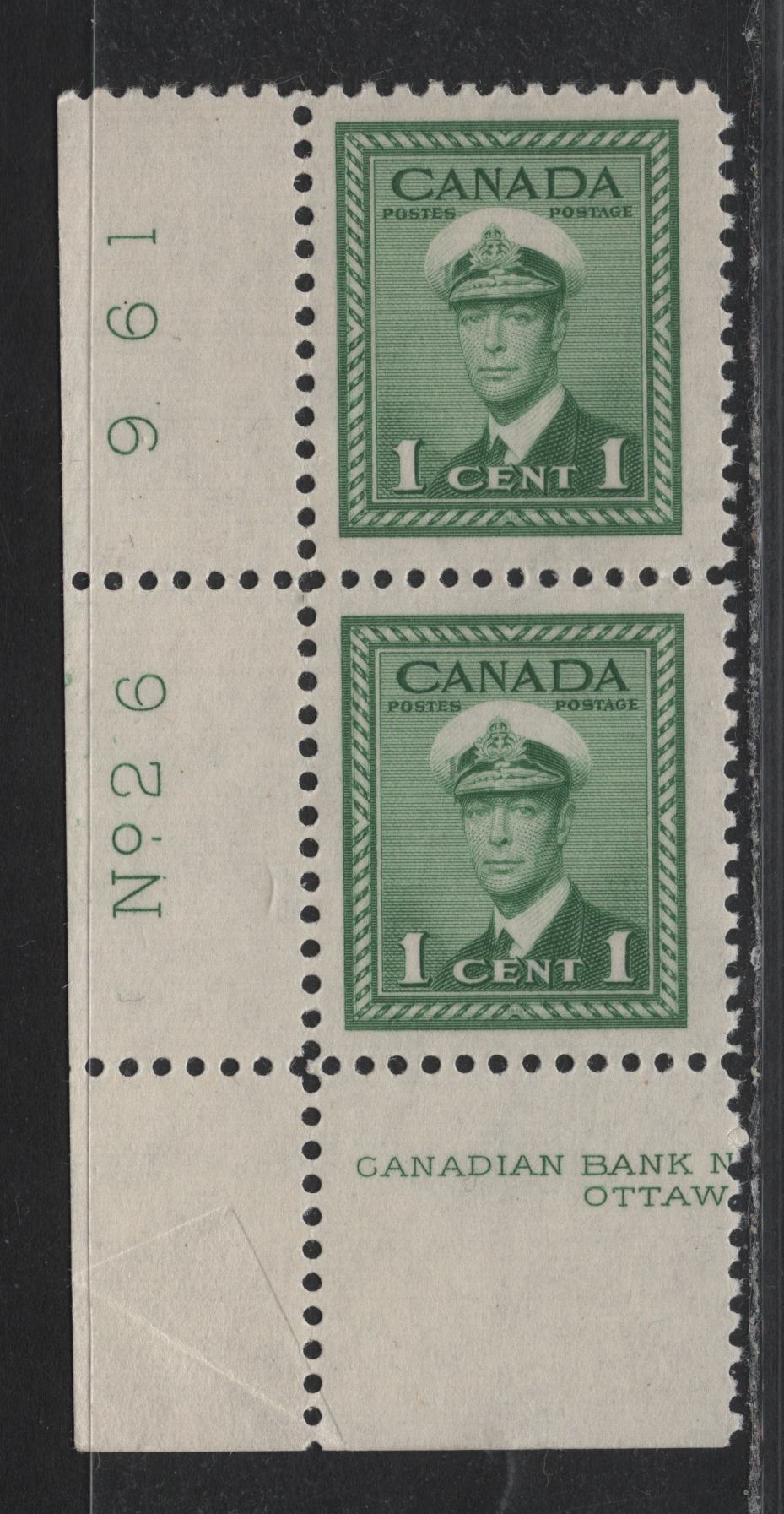 Lot 283 Canada (C) #249var 1c Green, 1942-1943 War Issue, A VFNH LL Margin Pair, Plate 26, CBN-FFFFF Paper, Perf 11.9, Pre-Print LL Corner Foldover In The Selvedge.