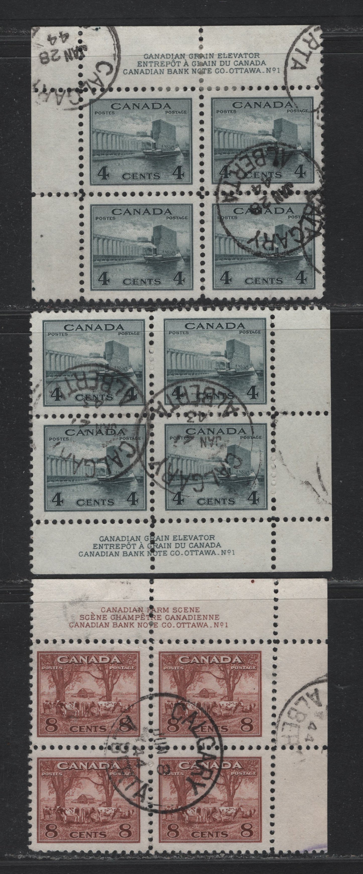 Lot 284 Canada (C) #253, 256 4c - 8c Greenish Black - Red Brown, 1942-1943 War Issue, 3 Fine/Very Fine Used Blocks Of 4, Plate 1, UL, UR & LL Blocks, June 8th & June 28th, 1944 Calgary CDS Cancels, CBN-TTTT Papers, Perfs 12 & 12x12.1.