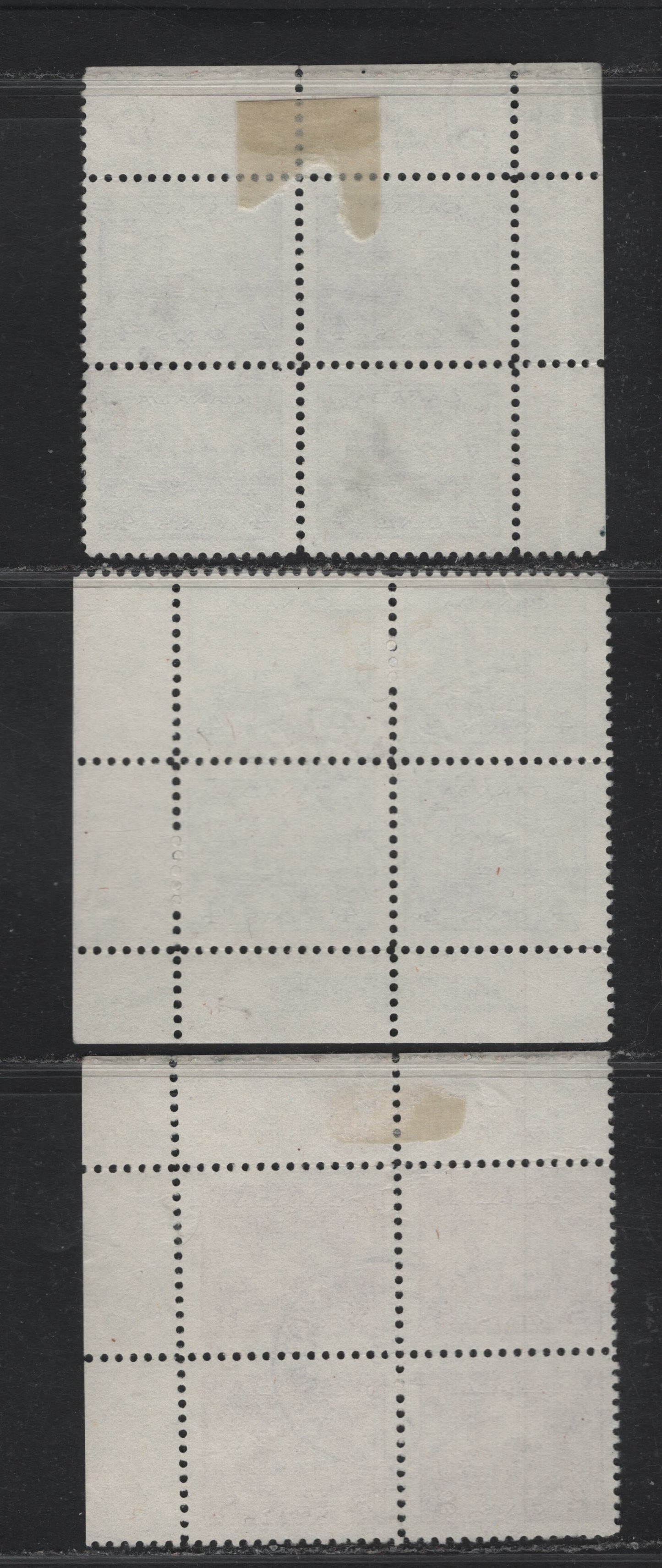 Lot 284 Canada (C) #253, 256 4c - 8c Greenish Black - Red Brown, 1942-1943 War Issue, 3 Fine/Very Fine Used Blocks Of 4, Plate 1, UL, UR & LL Blocks, June 8th & June 28th, 1944 Calgary CDS Cancels, CBN-TTTT Papers, Perfs 12 & 12x12.1.