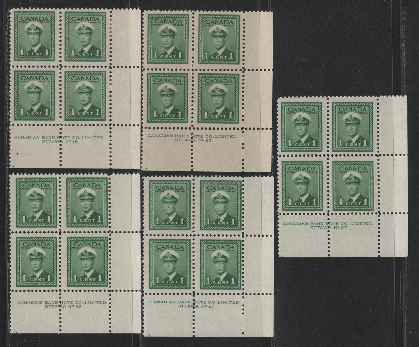 Lot 285 Canada (C) #249 1c Green, 1942-1943 War Issue, 5 FNH/VFOG LR Plate Blocks Of 4, Plates 19, 26 & 27, Plate 27 Blocks Are On Different Papers, Unchecked For Specifics, Plate 19 Hinged & Has Two Plate Pos. Dots.