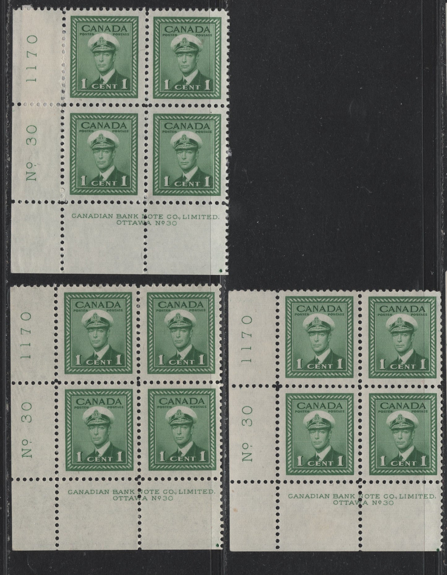 Lot 286 Canada #249 1c Green, 1942-1943 War Issue, 3 F/VFOG Plate 30 Blocks Of 4, CBN-PPPP & CBN-BBBBB Papers, Perf 12, Small Thin At Corner Of UR Stamp.