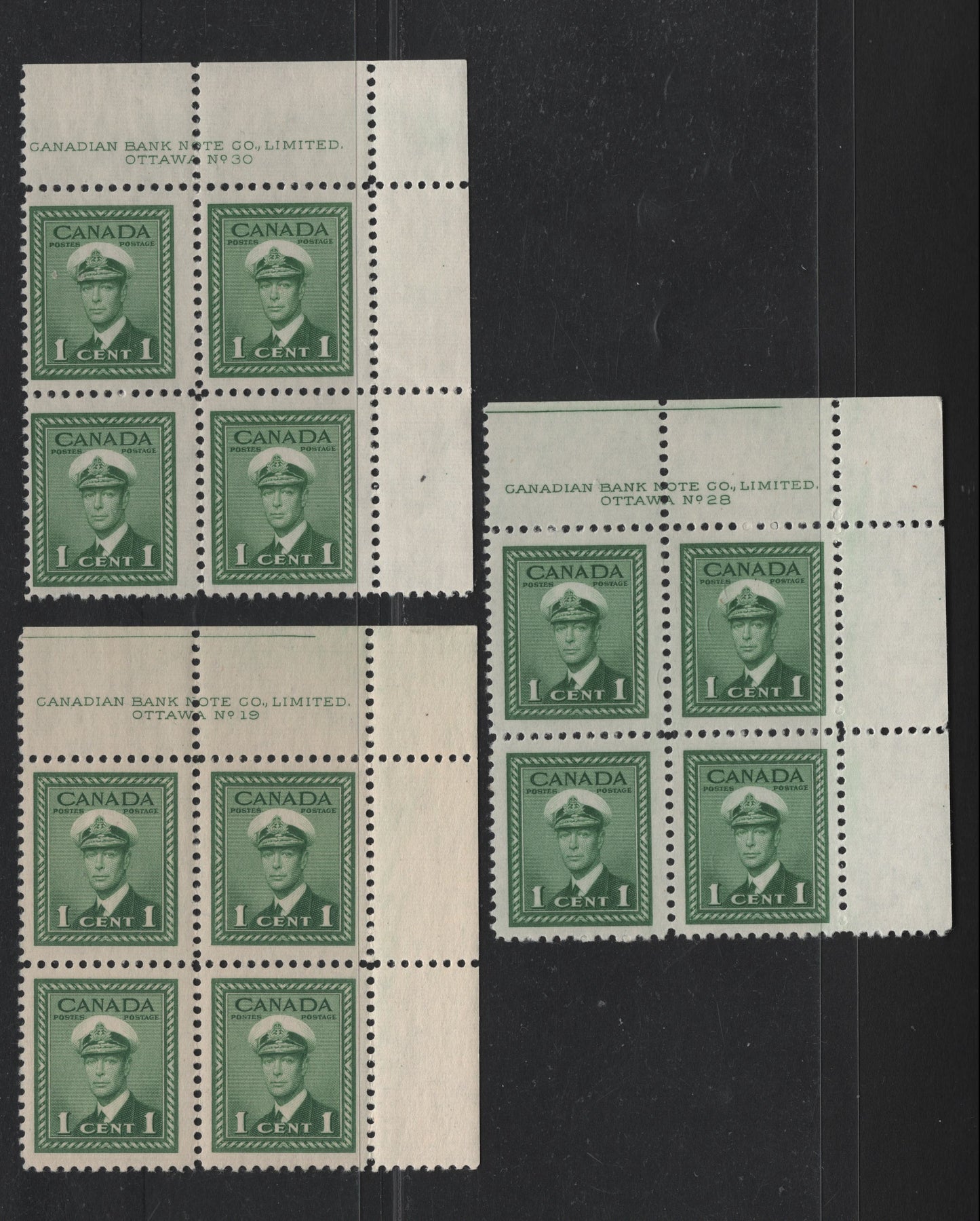 Lot 288 Canada (C) #249 1c Green - Bluish Green, 1942-1943 War Issue, 3 VG/VFNH/OG UR Plate Blocks Of 4, Plates 19, 28 & 30, CBN-SSSSS, CBN-TTTTT & CBN-UUUUU Papers, Perfs 11.9 & 11.9x12, Cutting Guidelines At Top Of 2.