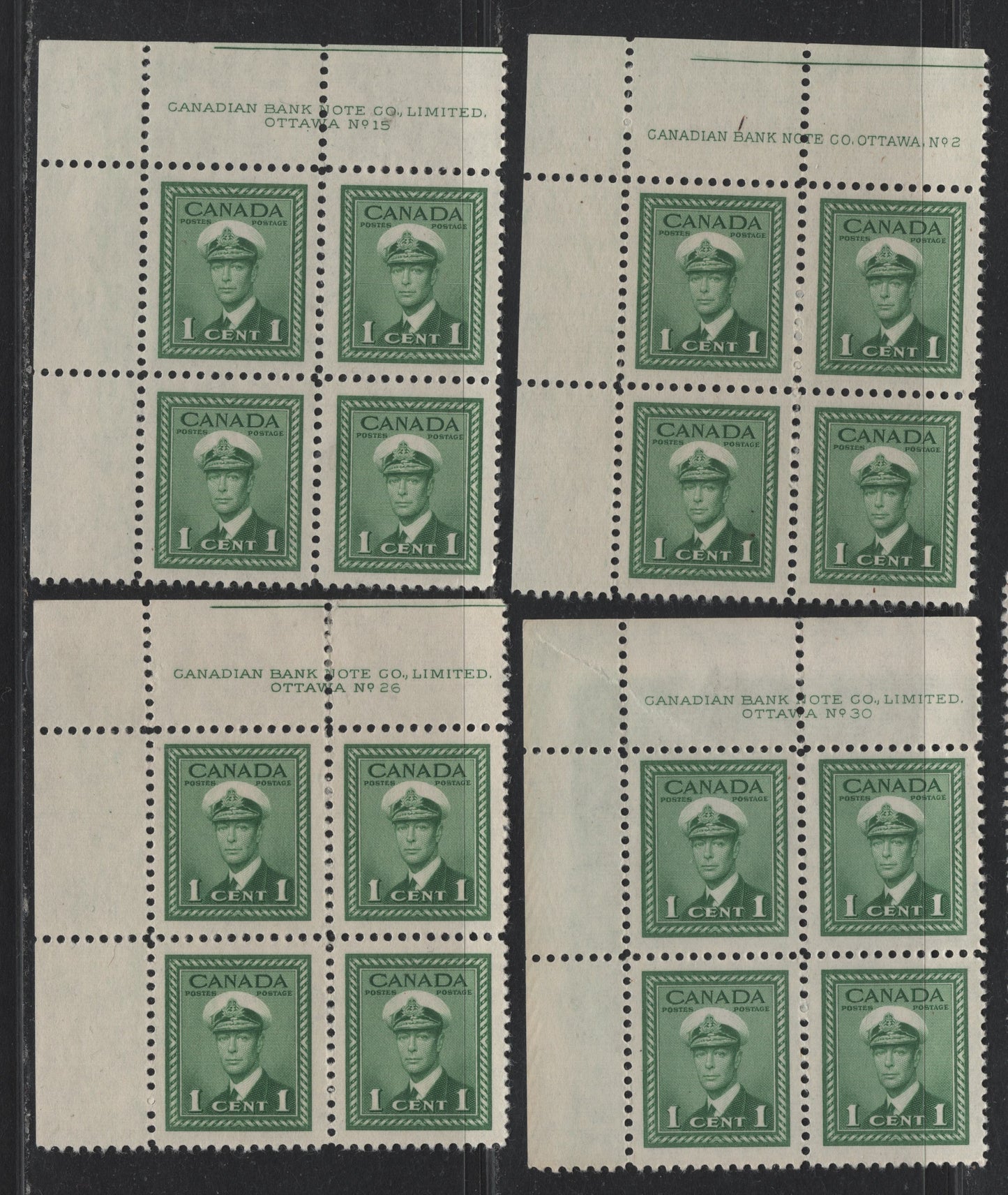 Lot 289 Canada #249 1c Deep Green, 1942-1943 War Issue, 4 F/VFOG UL Plate Blocks Of 4, Plates 2, 15, 26 & 30, Unchecked As To Exact Papers & Perfs, Small Perf Separation In Upper Perfs Of P.26 & Small Selvedge Crease In P.30.