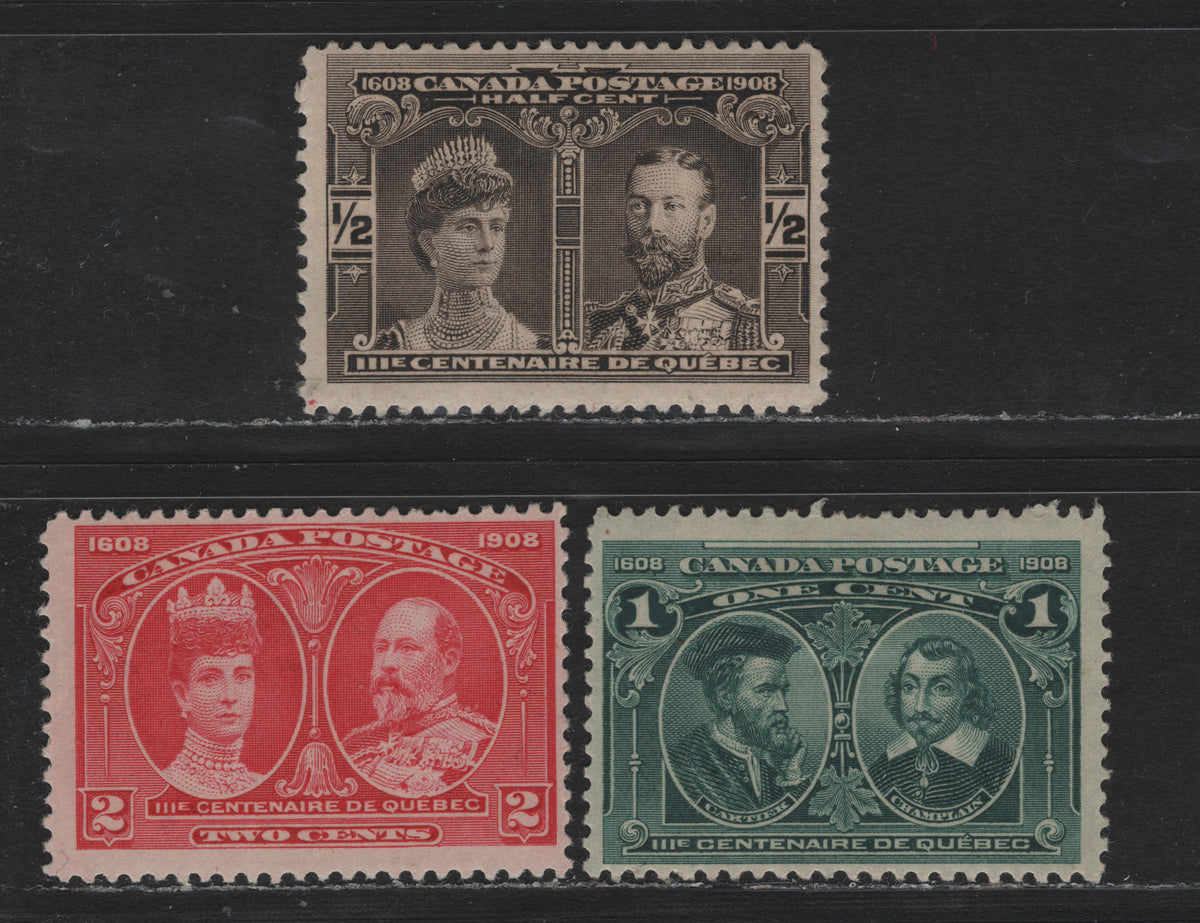 Lot 21 Canada #96-98 1/2c - 2c Black - Carmine Rose, 1908 Quebec Tercentenary Issue, 3 FOG Singles, Unchecked As To Paper Types & Perfs