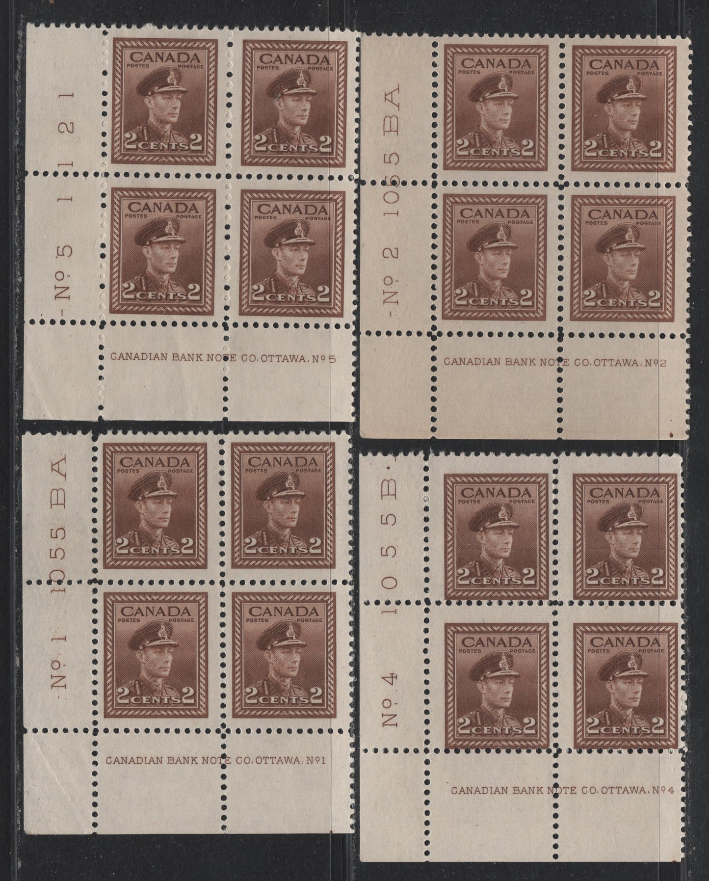 Lot 291 Canada (C) #250 2c Brown - Deep Brown, 1942-1943 War Issue, 4 FNH LL Plate Blocks Of 4, Plates 1, 2, 4 & 5, Unchecked As To Exact Papers & Perfs, Plate Dots.