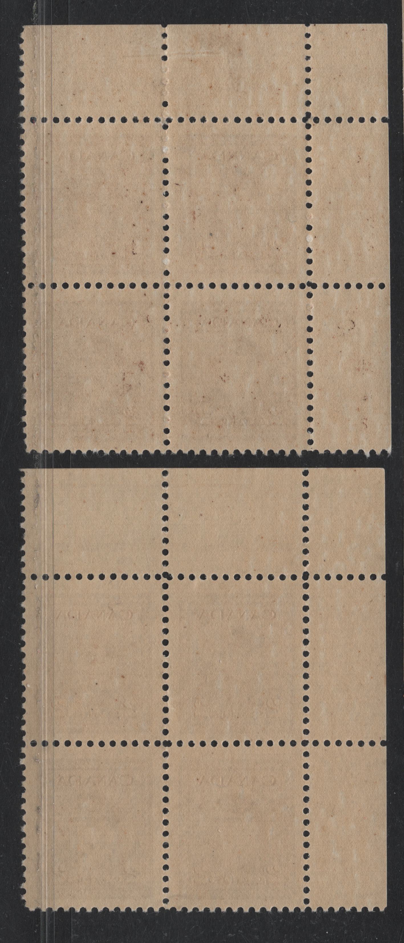 Lot 293 Canada (C) #250 2c Deep Brown & Brown, 1942-1943 War Issue, 2 VFNH/OG UR Plate Blocks Of 4, Plates 1 & 4, Unchecked As To Exact Papers & Perfs, P.4 Is Hinged & Horizontal Ribbed Paper, No Plate Dots.