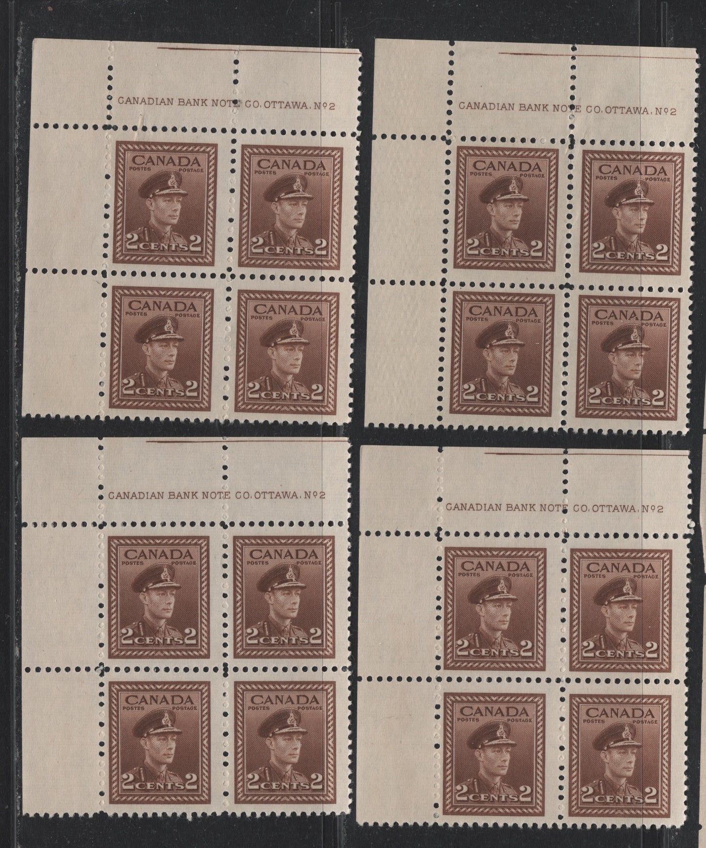 Lot 294 Canada #250 2c Brown - Deep Brown, 1942-1943 War Issue, 4 FNH UL Plate 2 Blocks Of 4, Cutting Guidelines At Top, Unchecked As To Exact Papers & Perfs