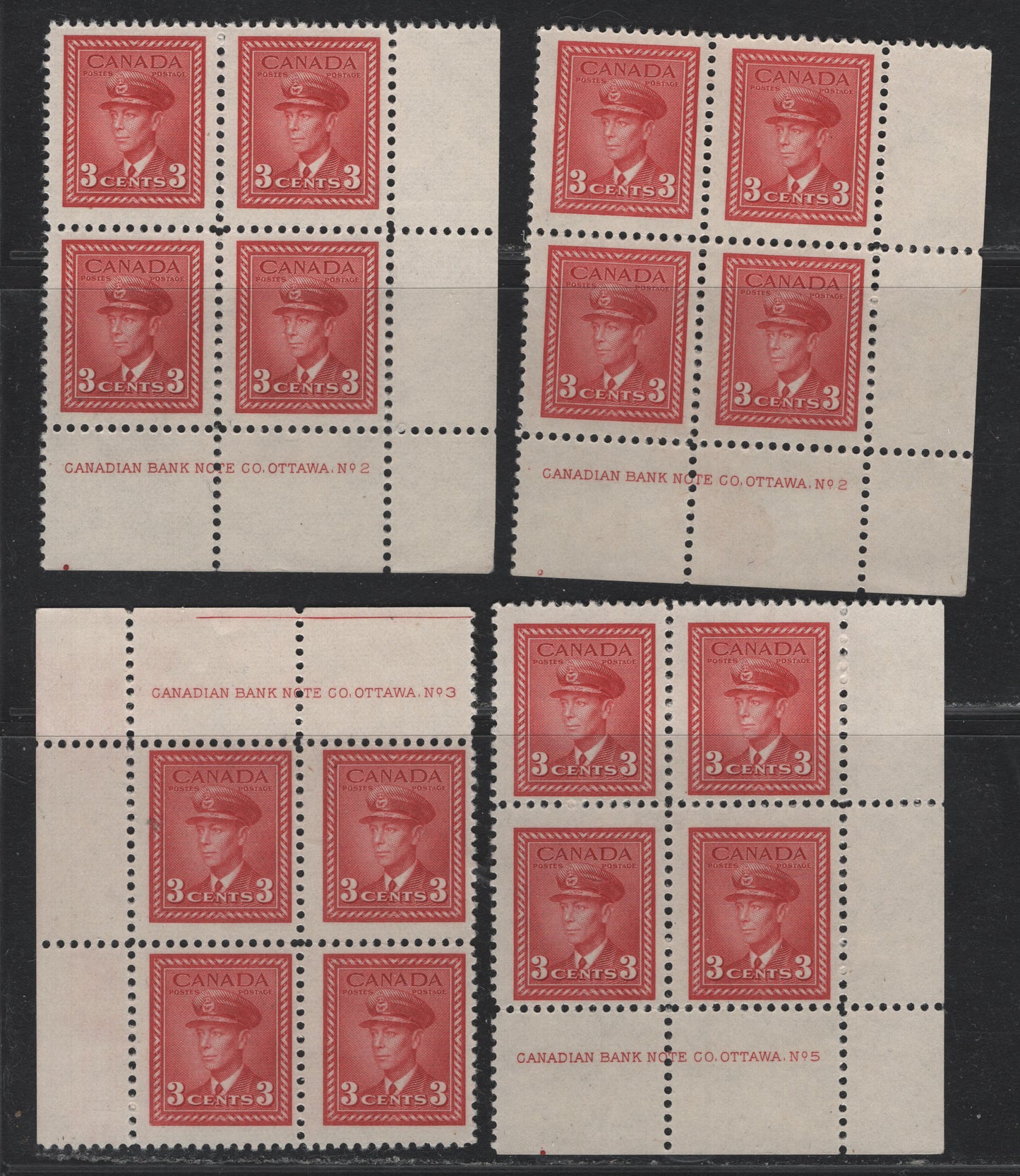 Lot 296 Canada (C) #251 3c Carmine, 1942-1943 War Issue, 4 FOG/NH Plate Blocks Of 4, Plates 2 (LR), 3 (UL) & 5 (LR), Unchecked As To Exact Papers & Perfs, Different Configurations Of Plate Dots & Other Characteristics.