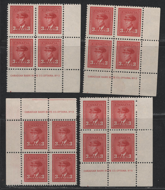 Lot 296 Canada (C) #251 3c Carmine, 1942-1943 War Issue, 4 FOG/NH Plate Blocks Of 4, Plates 2 (LR), 3 (UL) & 5 (LR), Unchecked As To Exact Papers & Perfs, Different Configurations Of Plate Dots & Other Characteristics.