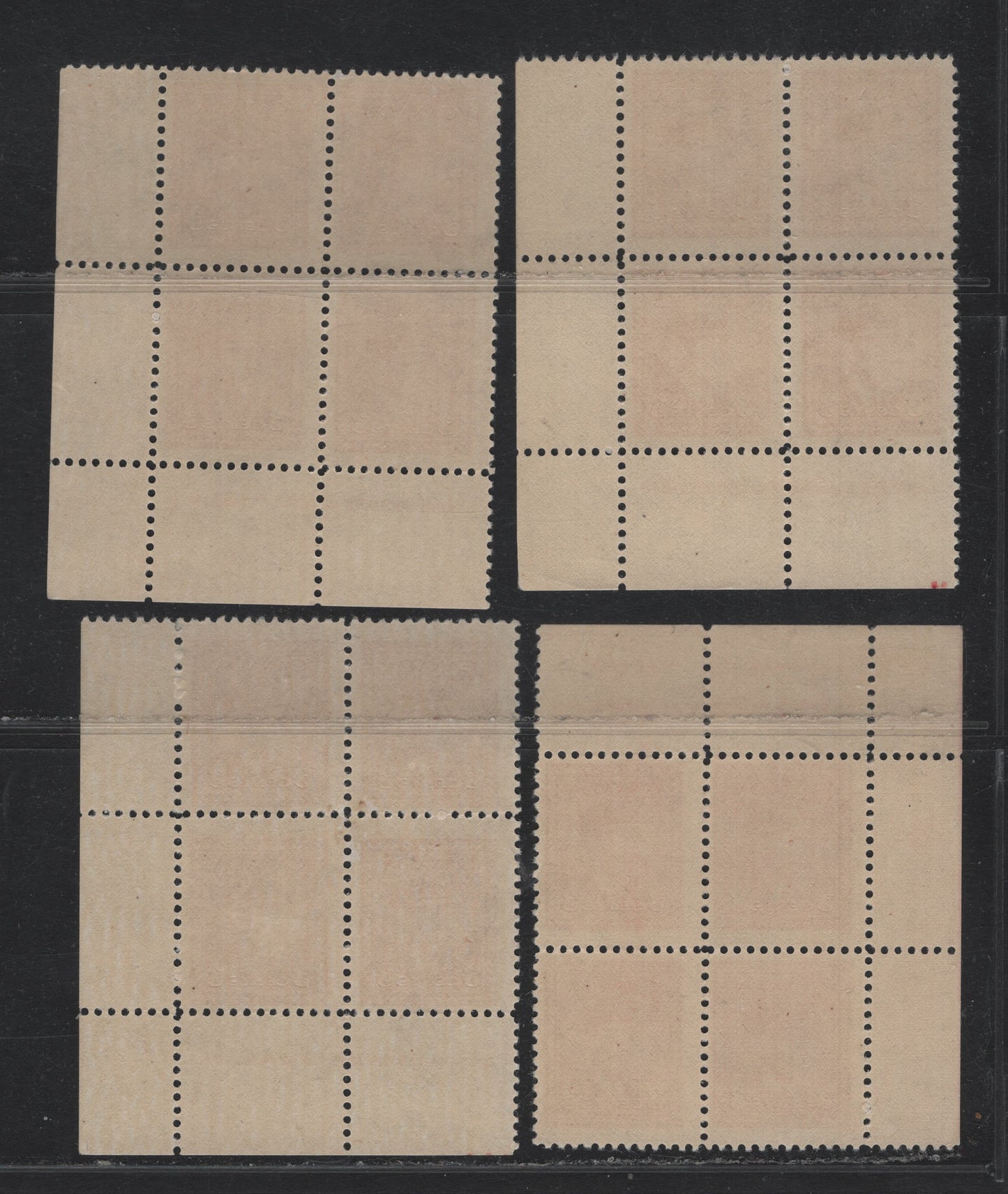 Lot 296 Canada (C) #251 3c Carmine, 1942-1943 War Issue, 4 FOG/NH Plate Blocks Of 4, Plates 2 (LR), 3 (UL) & 5 (LR), Unchecked As To Exact Papers & Perfs, Different Configurations Of Plate Dots & Other Characteristics.
