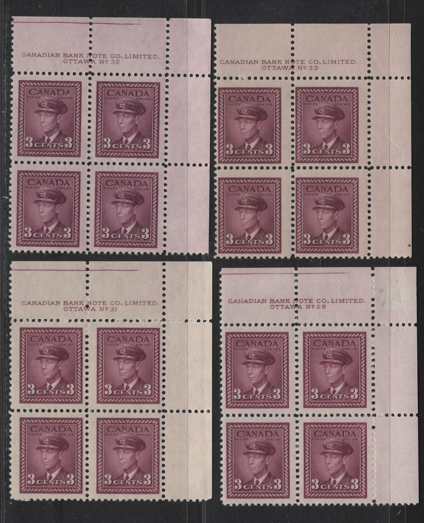 Lot 298 Canada (C) #252 3c Plum - Bright Rosy Purple, 1942-1943 War Issue, 4 F/VFNH UR Plate Blocks Of 4, Plates 28, 31, 32 & 33, Unchecked As To Exact Papers & Perfs, All Have Cutting Guidelines Except Plate 33.