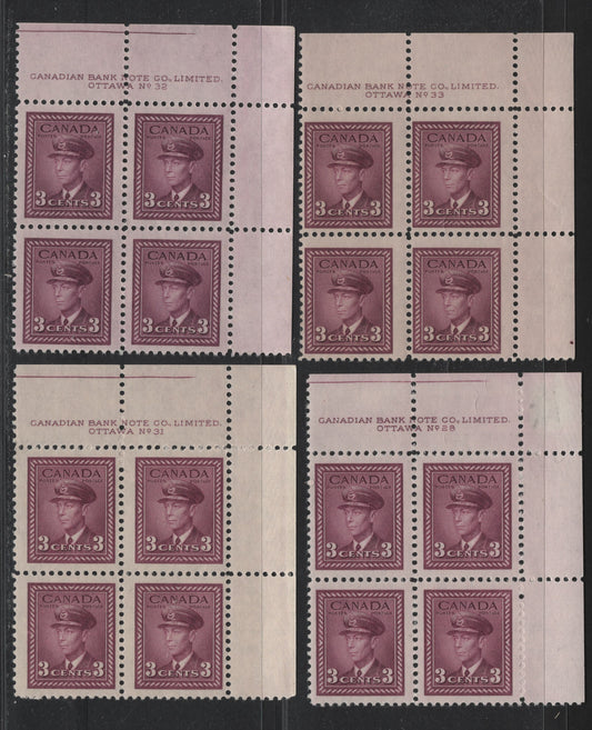 Lot 298 Canada (C) #252 3c Plum - Bright Rosy Purple, 1942-1943 War Issue, 4 F/VFNH UR Plate Blocks Of 4, Plates 28, 31, 32 & 33, Unchecked As To Exact Papers & Perfs, All Have Cutting Guidelines Except Plate 33.