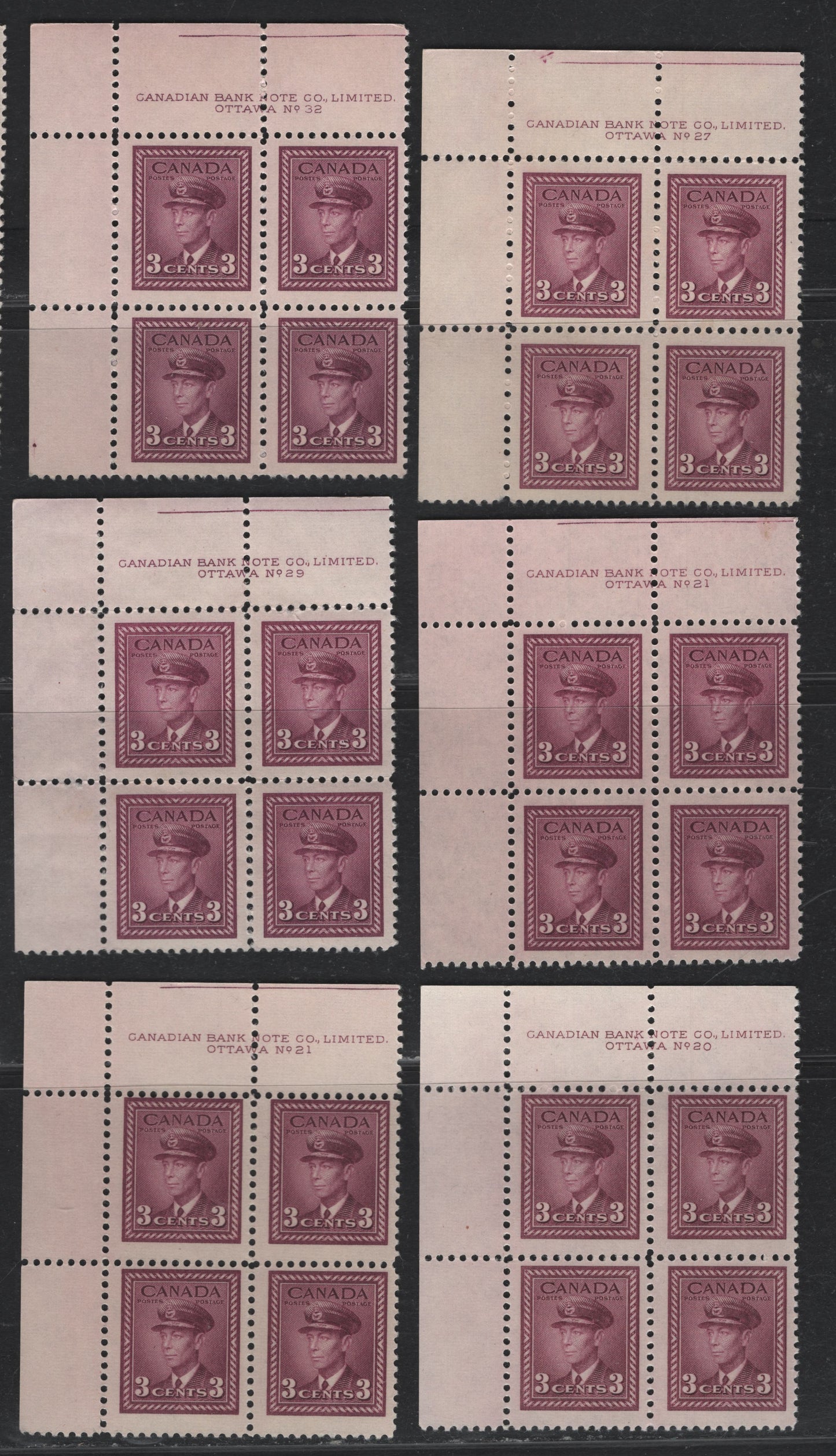 Lot 300 Canada (C) #252 3c Plum - Bright Rosy Purple, 1942-1943 War Issue, 6 F/VFNH/OG UL Plate Blocks Of 4, Plates 20, 21, 27, 29 & 32, All With Cutting Guidelines (Except p.20), Unchecked As To Exact Papers & Perfs.