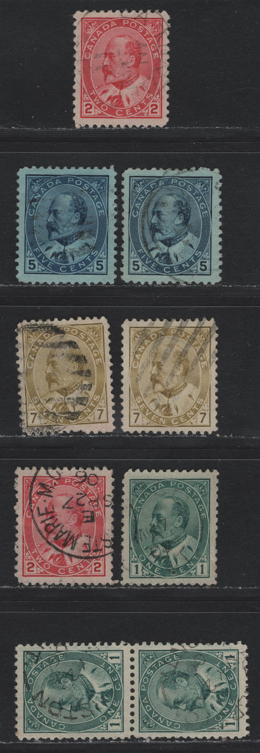 Lot 3 Canada #89iii, 90,I, 91,I, 92 1c - 7c Blue Green - Olive Bistre , 1903-1908 King Edward VII Issue, 8 Very Fine Used Singles, Different Papers & Unchecked As To Specific Types, Includes Both Blue/Indigo Shades Of 5c, Jumbo Margins.