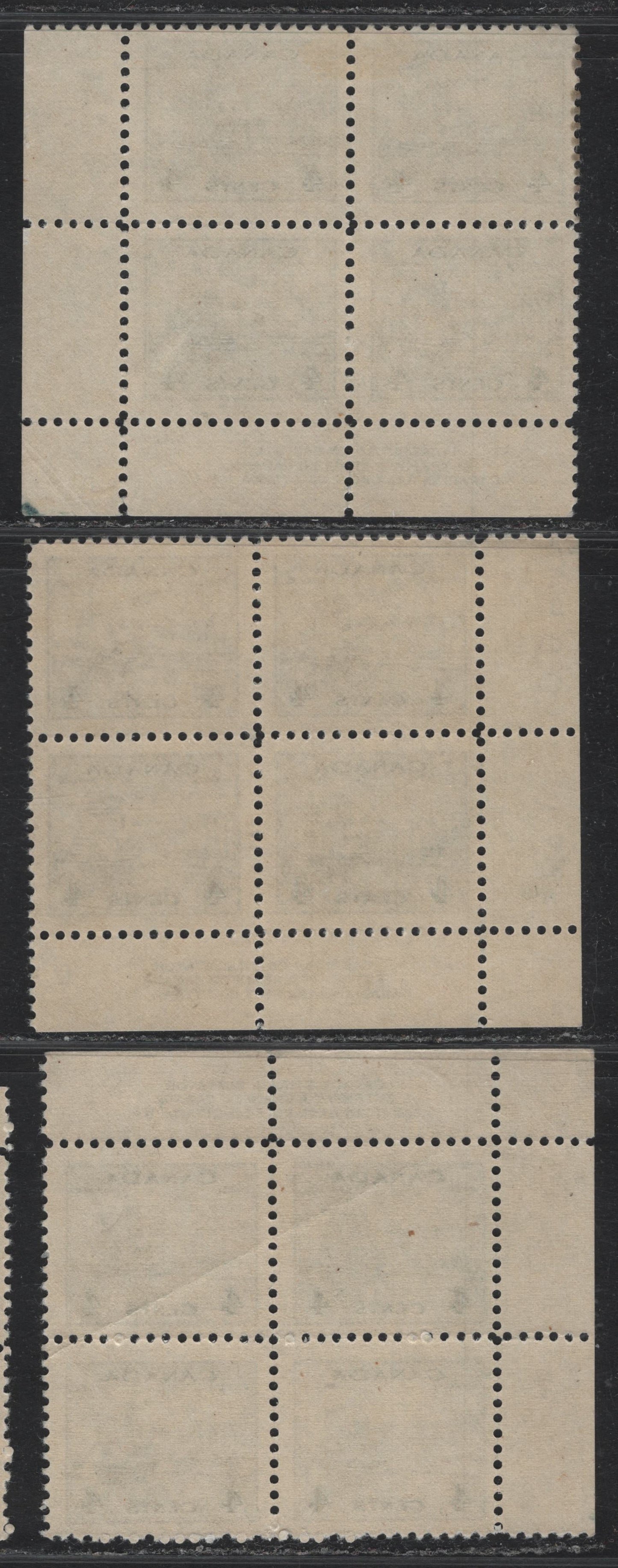 Lot 301 Canada (C) #253 4c Greenish Black, 1942-1943 War Issue, 3 VG/F/VFOG Plate 1 Blocks Of 4, UL, LL & LR Blocks