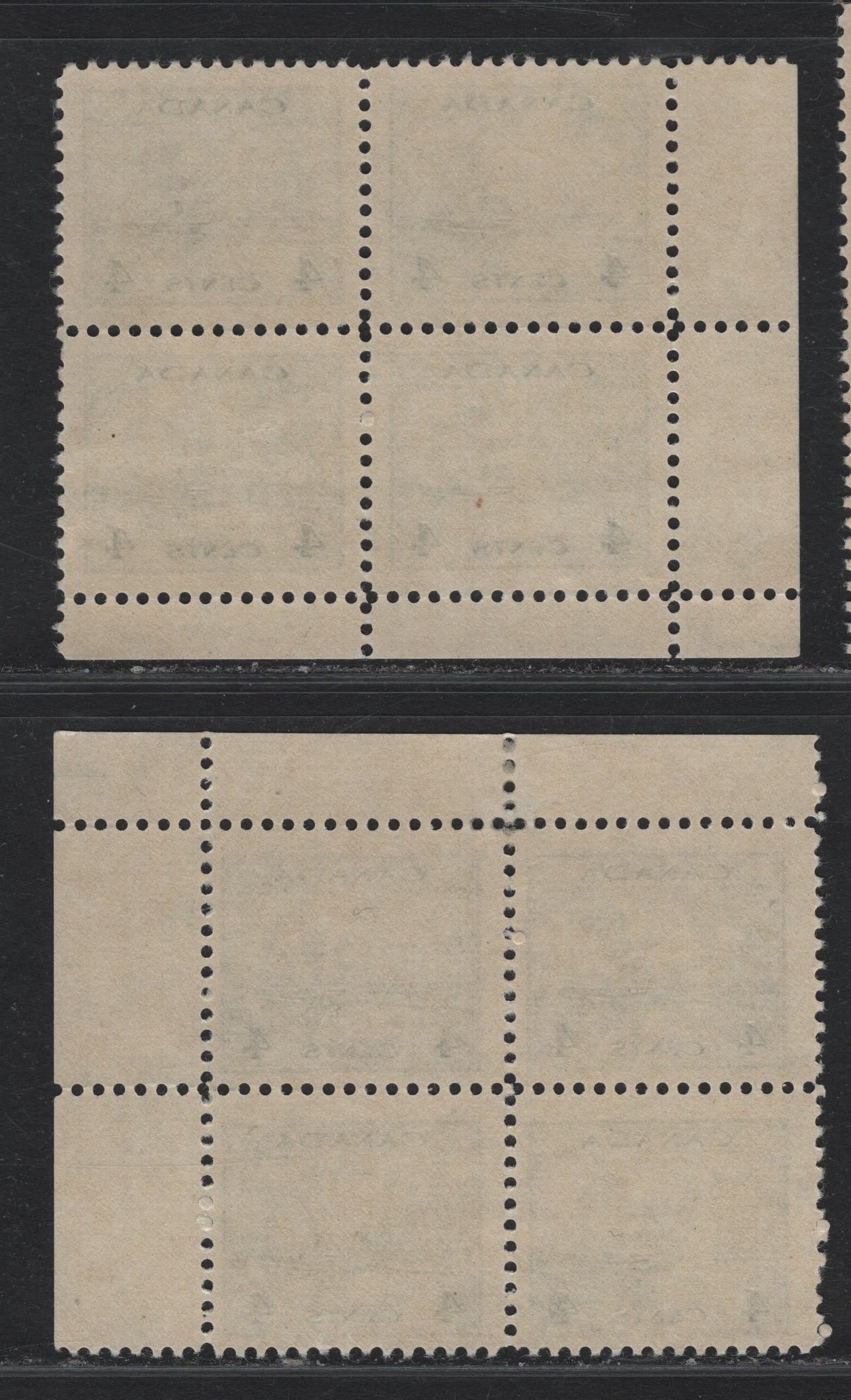 Lot 302 Canada #253 4c Bluish Slate, 1942-1943 War Issue, 2 F/VFNH Field Stock Blocks Of 4, LL & UR, Cutting Guidelines In The Selvedge