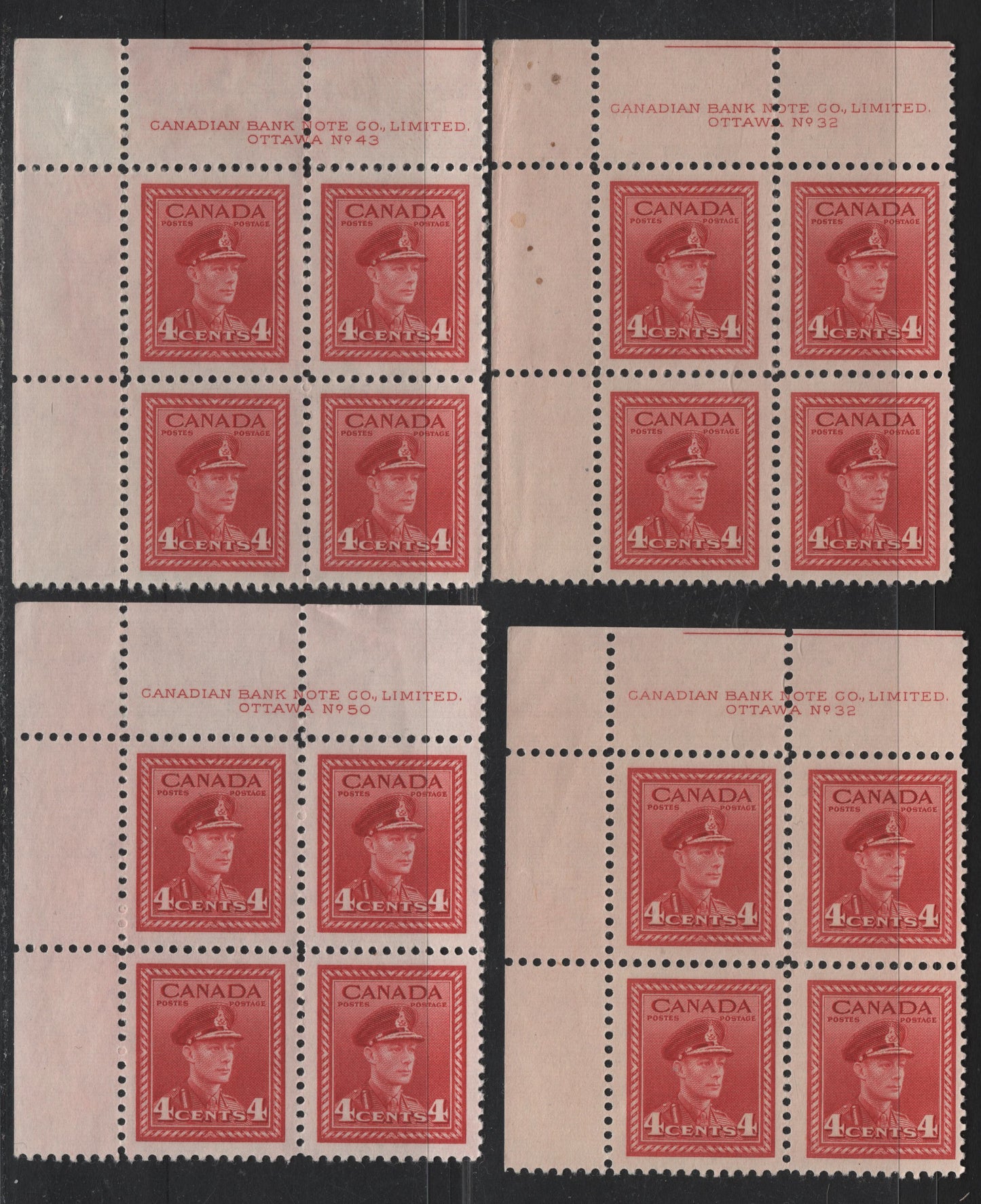Lot 303 Canada #254 4c Carmine Red, 1942-1943 War Issue, 4 F/VFNH/OG UL Plate Blocks Of 4, Plates 32, 43 & 50, Unchecked As To Exact Papers & Perfs, All NH Except P.43, Small Wrinkle In Selvedge Of P.50.